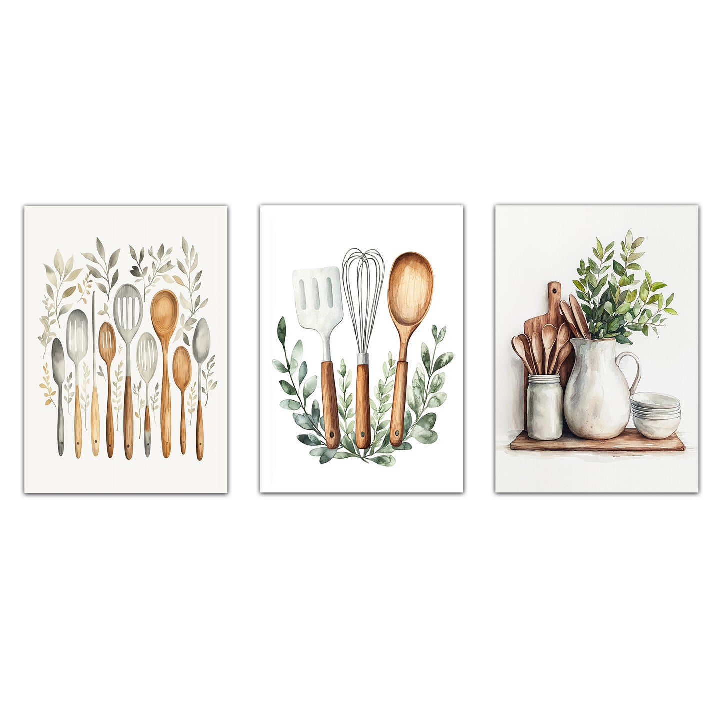 Set de 3 Cuadros Utensilios y herramientas de Cocina Póster en Acuarela con Ilustración impresa para decorar las paredes de la Cocina, Despensa, Comedor, Restaurante