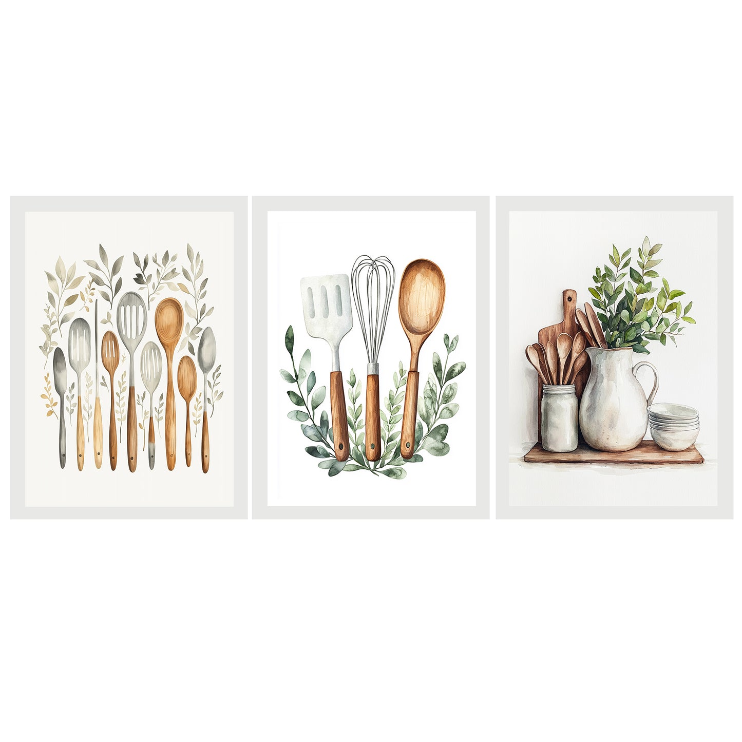 Set de 3 Cuadros Utensilios y herramientas de Cocina Póster en Acuarela con Ilustración impresa para decorar las paredes de la Cocina, Despensa, Comedor, Restaurante