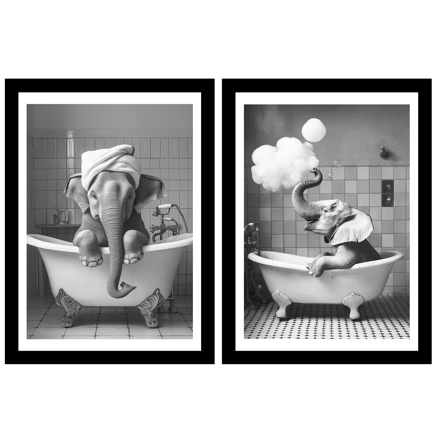 Set de 2 Cuadros Elefante en la Bañera con Simpáticos Animales en Blanco y Negro Ilustración impresa para decorar las paredes del Inodoro, Ducha, Cuarto de baño, Aseo, WC