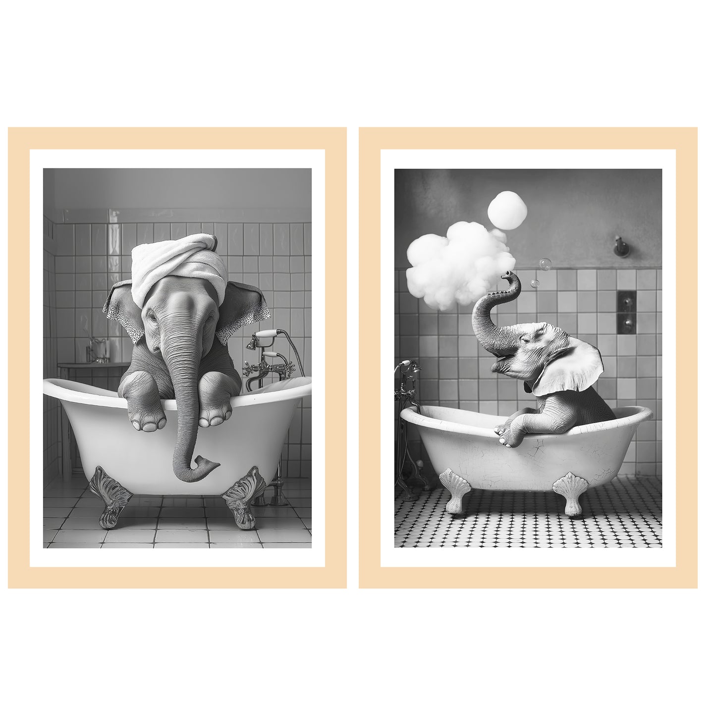 Set de 2 Cuadros Elefante en la Bañera con Simpáticos Animales en Blanco y Negro Ilustración impresa para decorar las paredes del Inodoro, Ducha, Cuarto de baño, Aseo, WC
