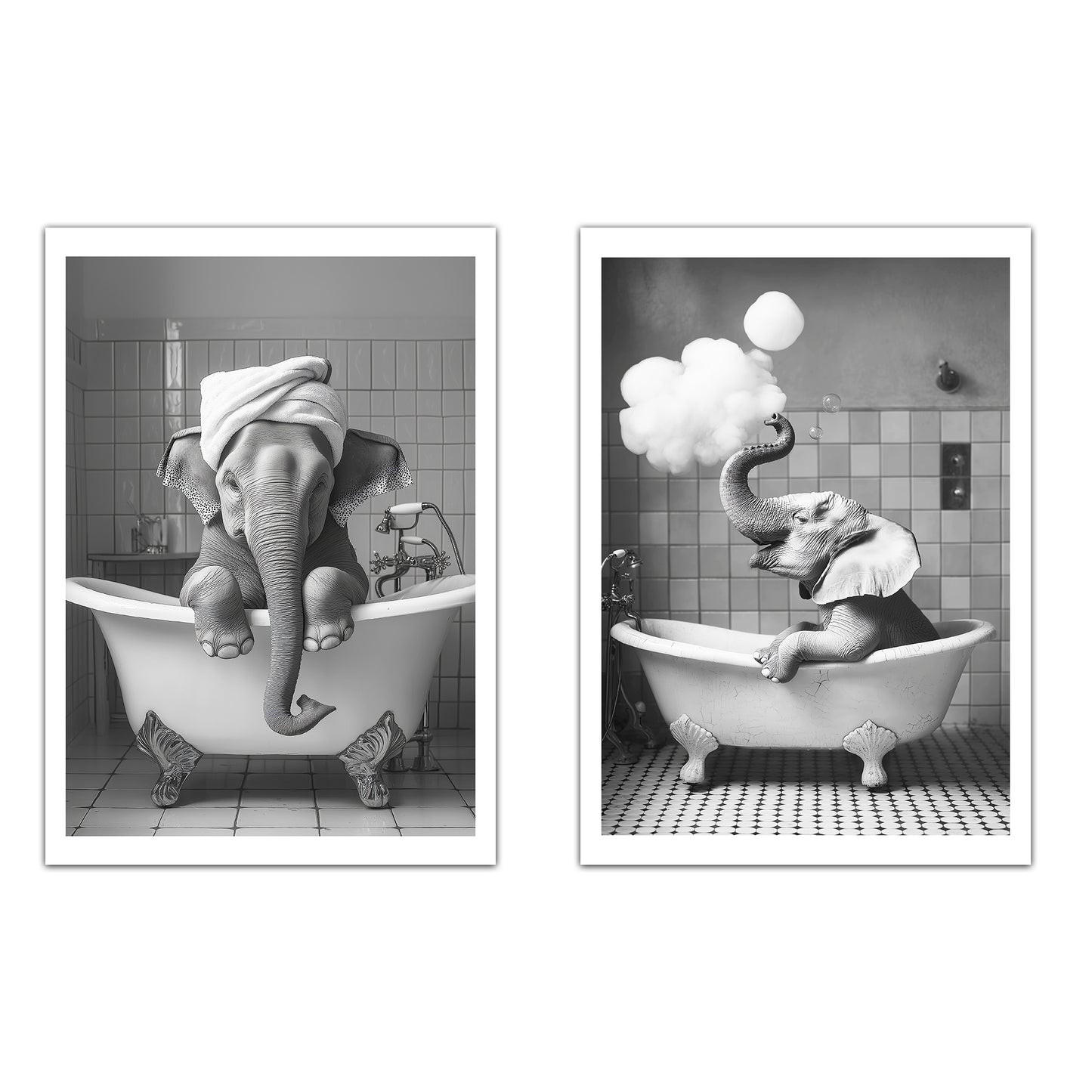 Set de 2 Cuadros Elefante en la Bañera con Simpáticos Animales en Blanco y Negro Ilustración impresa para decorar las paredes del Inodoro, Ducha, Cuarto de baño, Aseo, WC