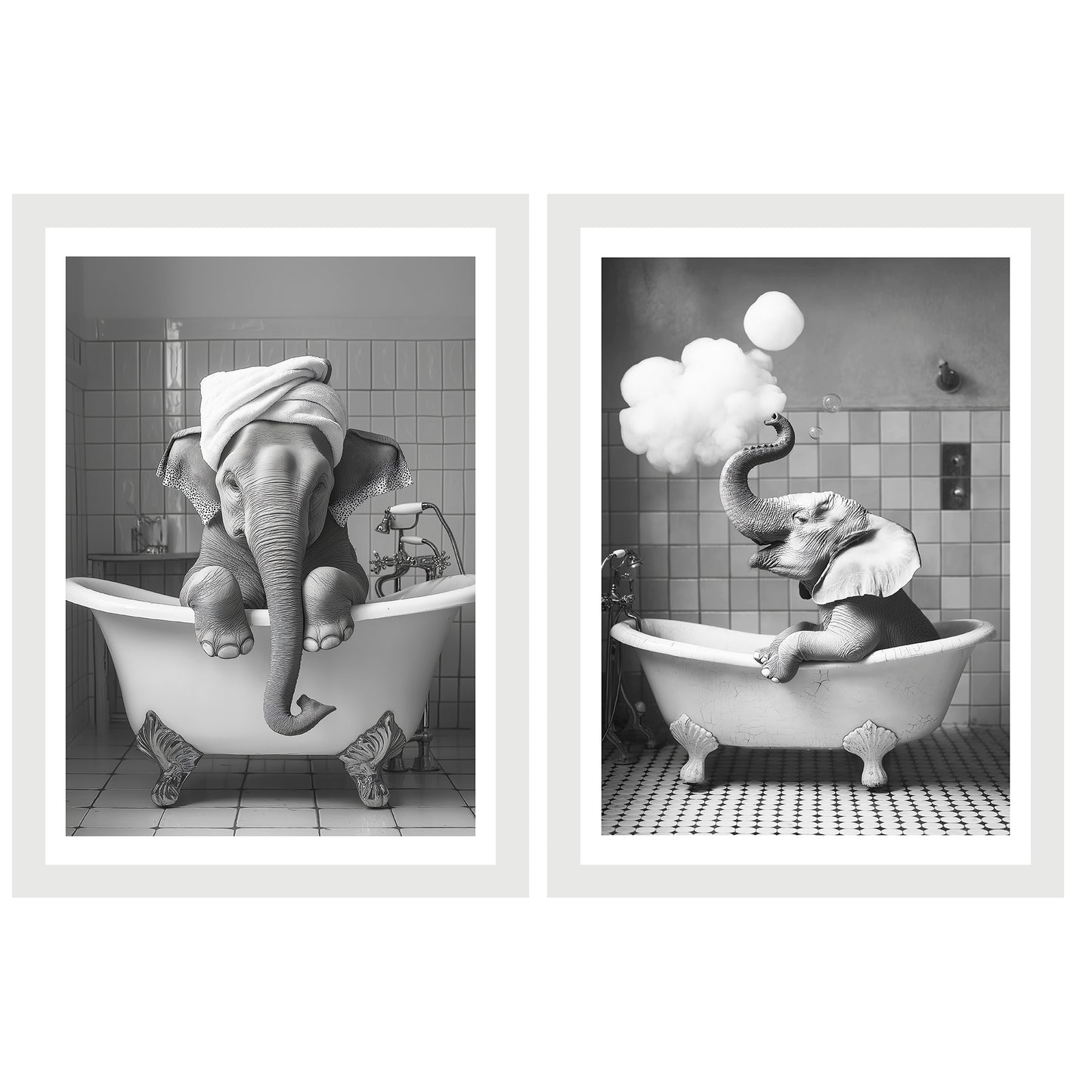 Set de 2 Cuadros Elefante en la Bañera con Simpáticos Animales en Blanco y Negro Ilustración impresa para decorar las paredes del Inodoro, Ducha, Cuarto de baño, Aseo, WC