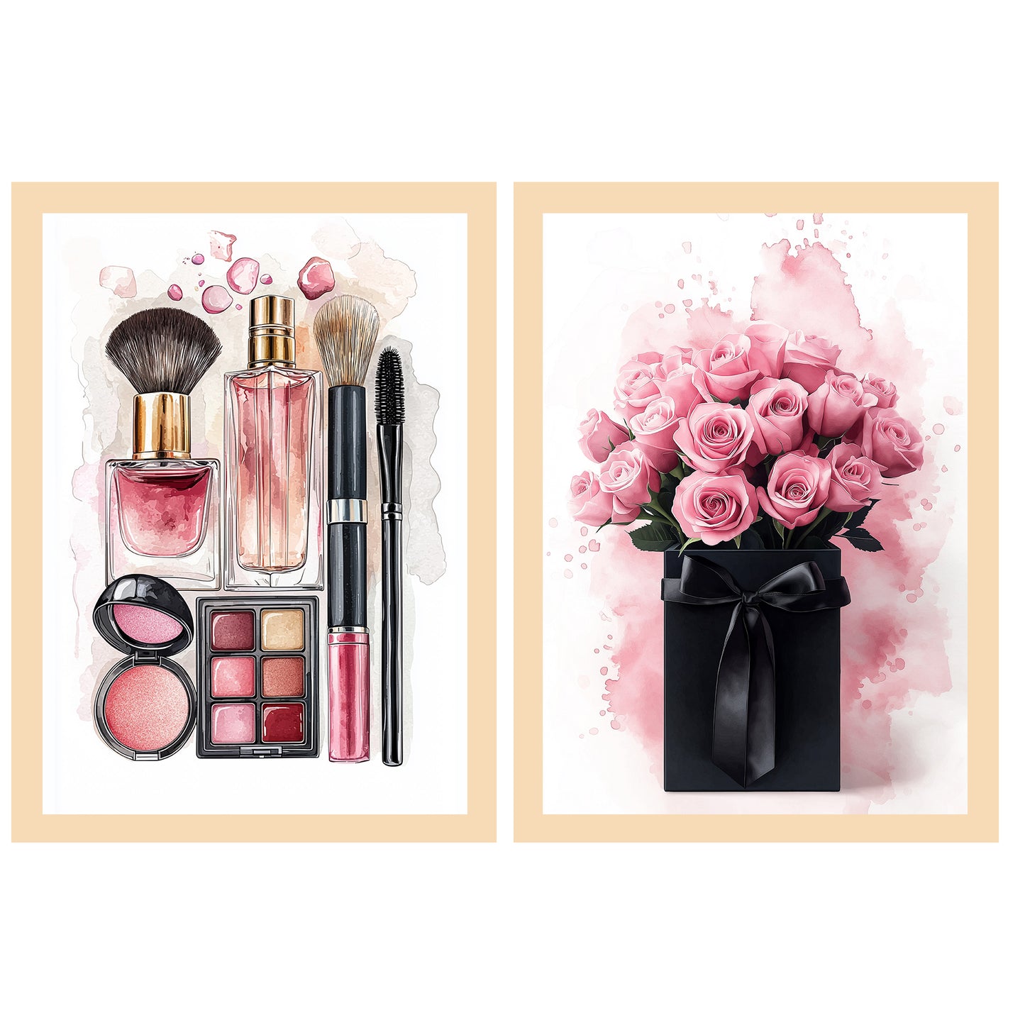 Set de 2 Cuadros de Maquillaje y Cosmética con Flores Rosas, Ilustración impresa para decorar las paredes del WC, Tocador, Baño, Vestidor, Salón