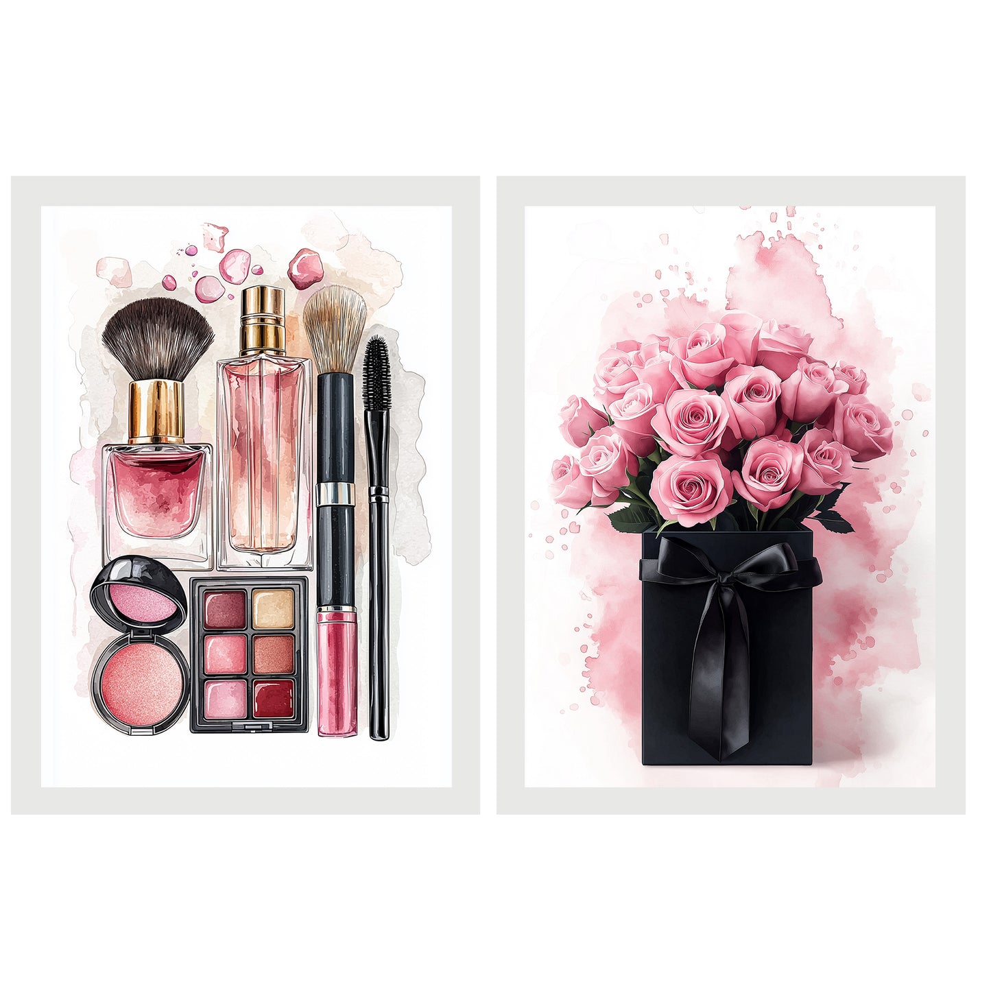 Set de 2 Cuadros de Maquillaje y Cosmética con Flores Rosas, Ilustración impresa para decorar las paredes del WC, Tocador, Baño, Vestidor, Salón