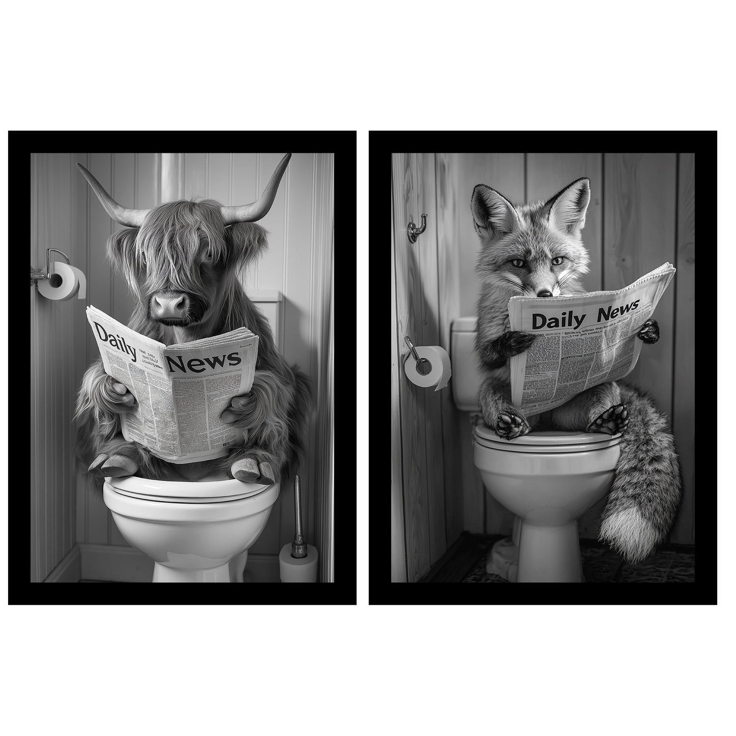 Set de 2 Cuadros de Animales con Periódico En el Inodoro, Toro, Zorro, Blanco y Negro con Ilustración Impresa en Estilo B/N para Decorar las Paredes del Inodoro, Baño, Lavabo, WC