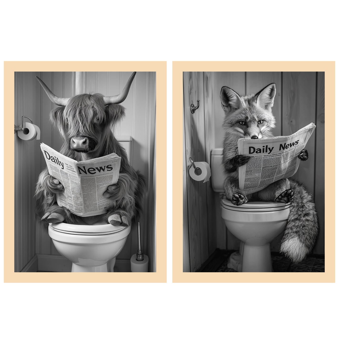 Set de 2 Cuadros de Animales con Periódico En el Inodoro, Toro, Zorro, Blanco y Negro con Ilustración Impresa en Estilo B/N para Decorar las Paredes del Inodoro, Baño, Lavabo, WC