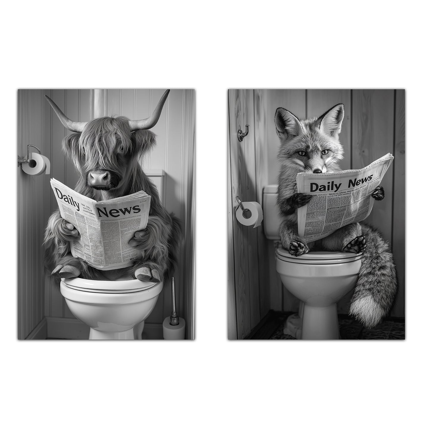 Set de 2 Cuadros de Animales con Periódico En el Inodoro, Toro, Zorro, Blanco y Negro con Ilustración Impresa en Estilo B/N para Decorar las Paredes del Inodoro, Baño, Lavabo, WC