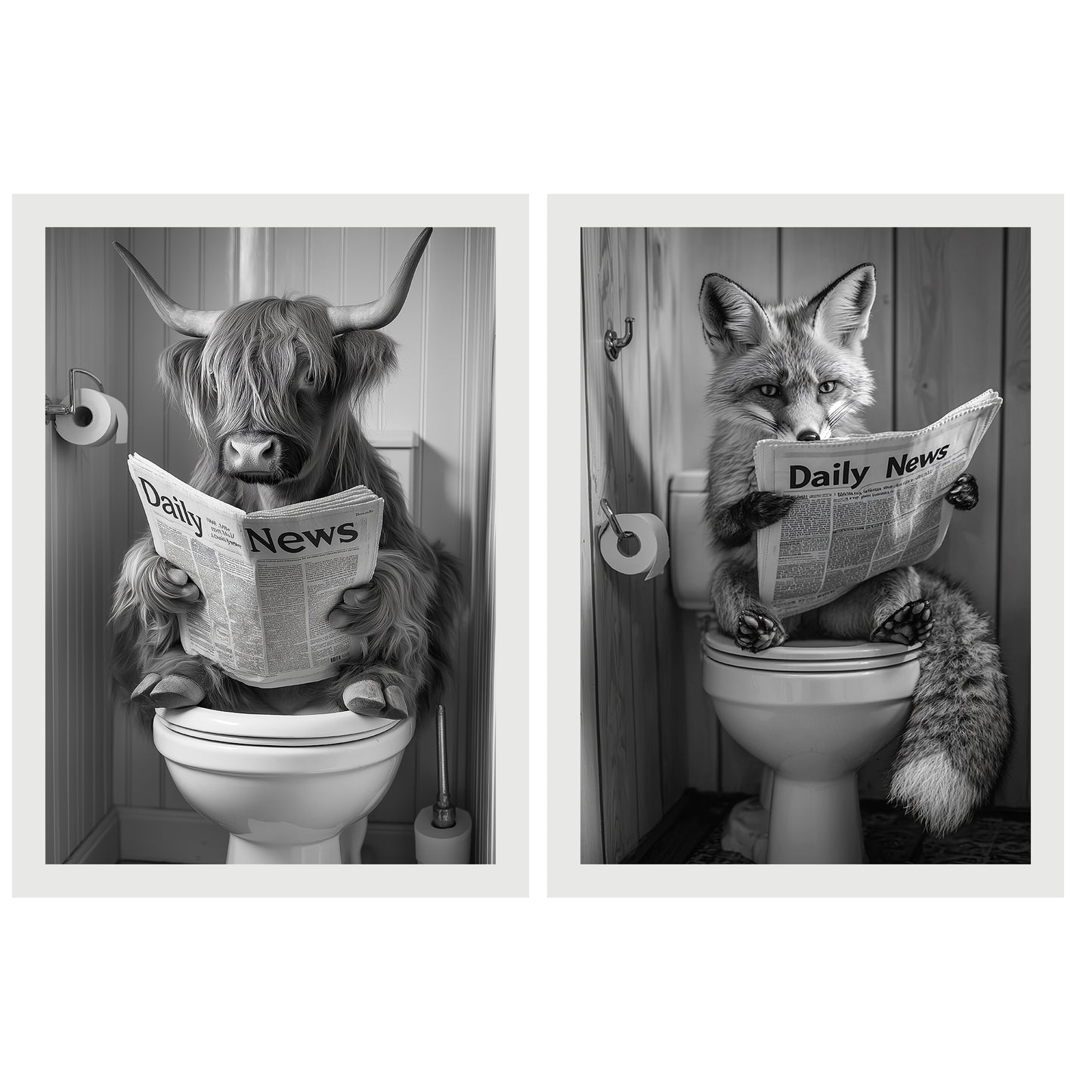 Set de 2 Cuadros de Animales con Periódico En el Inodoro, Toro, Zorro, Blanco y Negro con Ilustración Impresa en Estilo B/N para Decorar las Paredes del Inodoro, Baño, Lavabo, WC