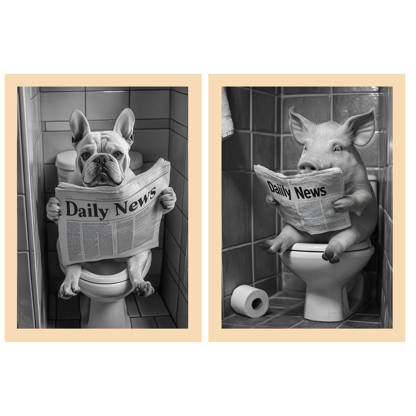 Set de 2 Cuadros de Animales con Periódico en el WC, Perro, Cerdo, Blanco y Negro con Ilustración Impresa en Estilo B/N para Decorar las Paredes del WC, Cuarto de Baño, Aseo, WC