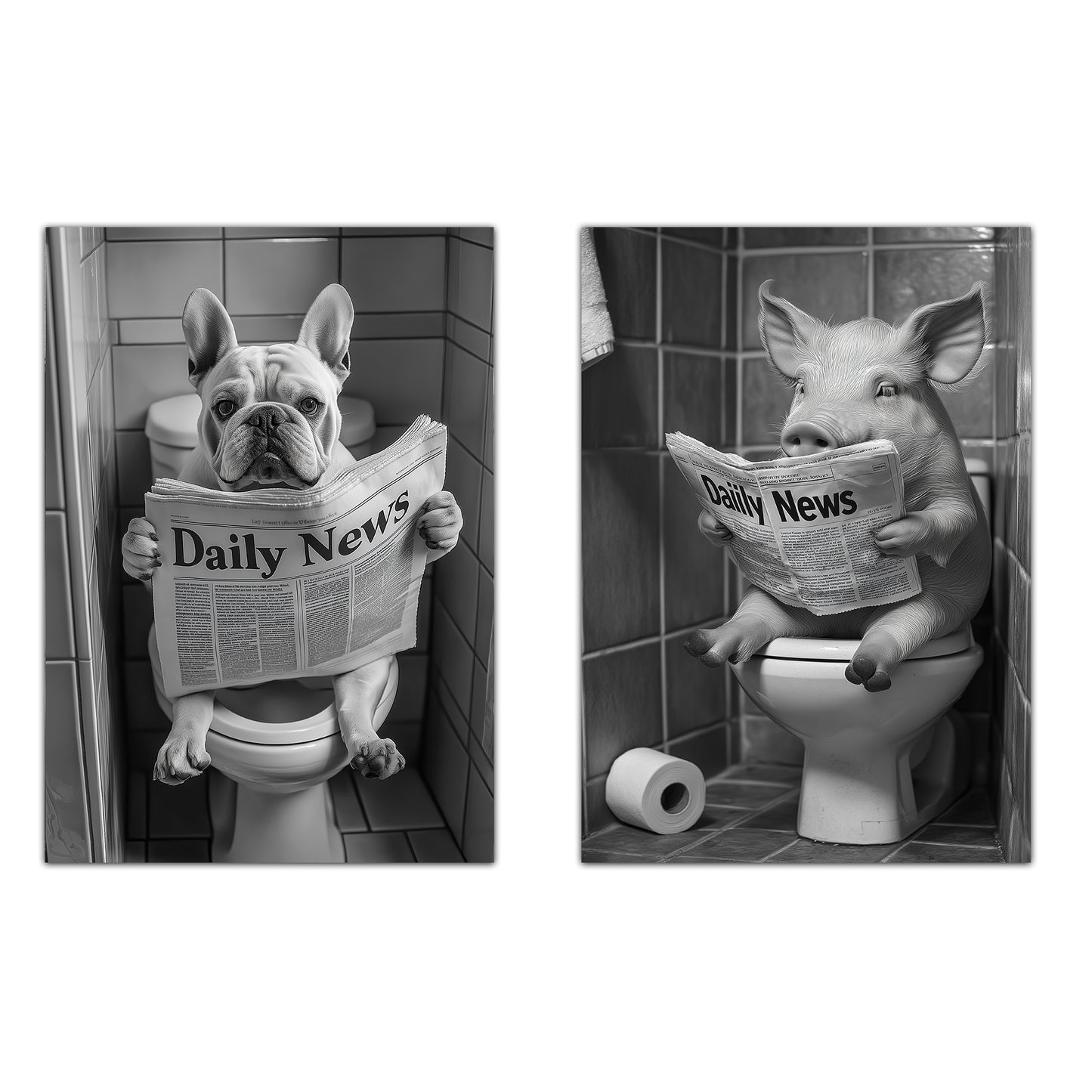 Set de 2 Cuadros de Animales con Periódico en el WC, Perro, Cerdo, Blanco y Negro con Ilustración Impresa en Estilo B/N para Decorar las Paredes del WC, Cuarto de Baño, Aseo, WC