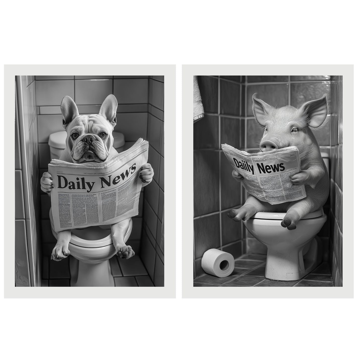 Set de 2 Cuadros de Animales con Periódico en el WC, Perro, Cerdo, Blanco y Negro con Ilustración Impresa en Estilo B/N para Decorar las Paredes del WC, Cuarto de Baño, Aseo, WC