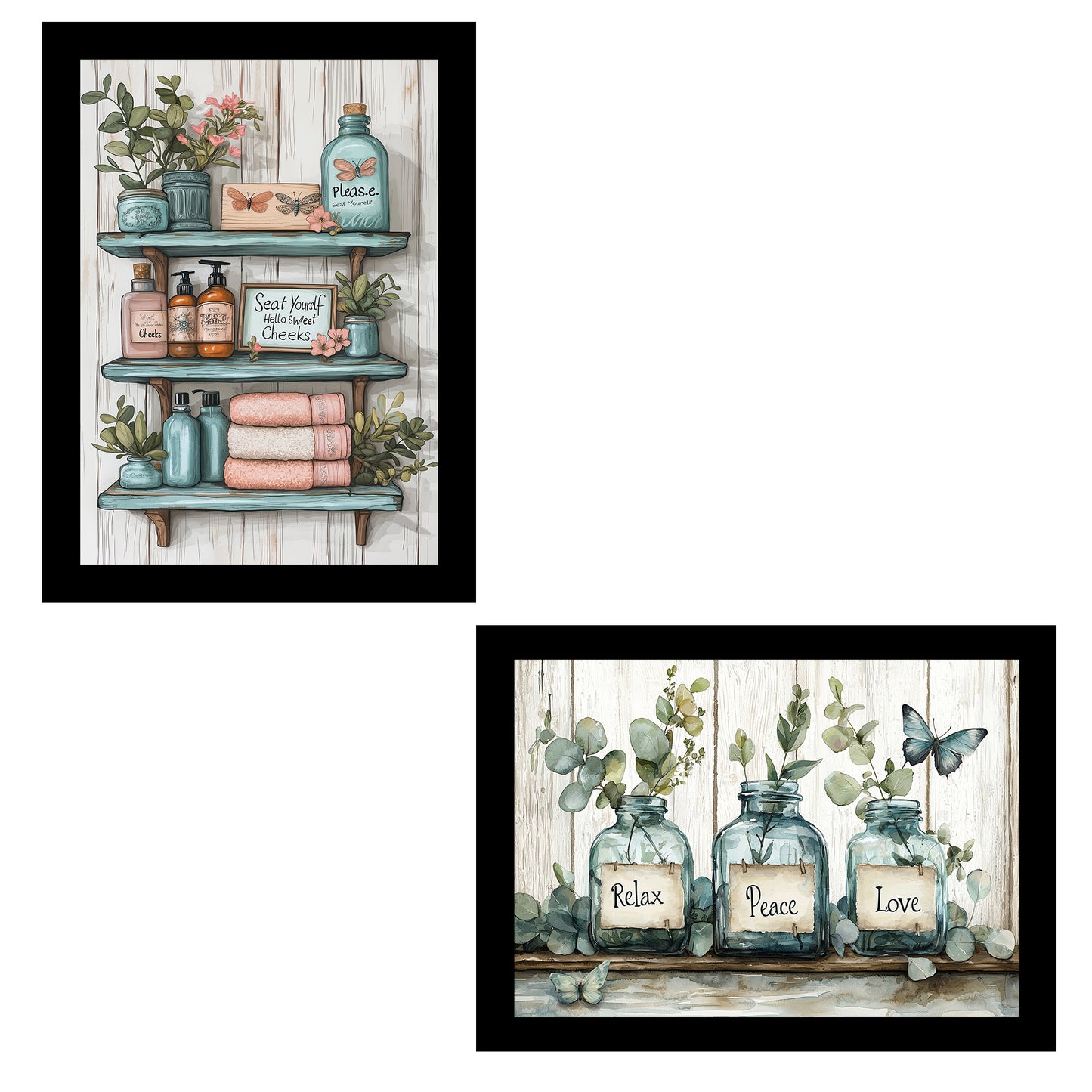 Set de 2 Cuadros de Inodoro con Encanto Impresión Ilustración de Vibraciones Positivas en Estilo Acuarela para Decorar las Paredes del Baño, Ducha, Lavabo, WC