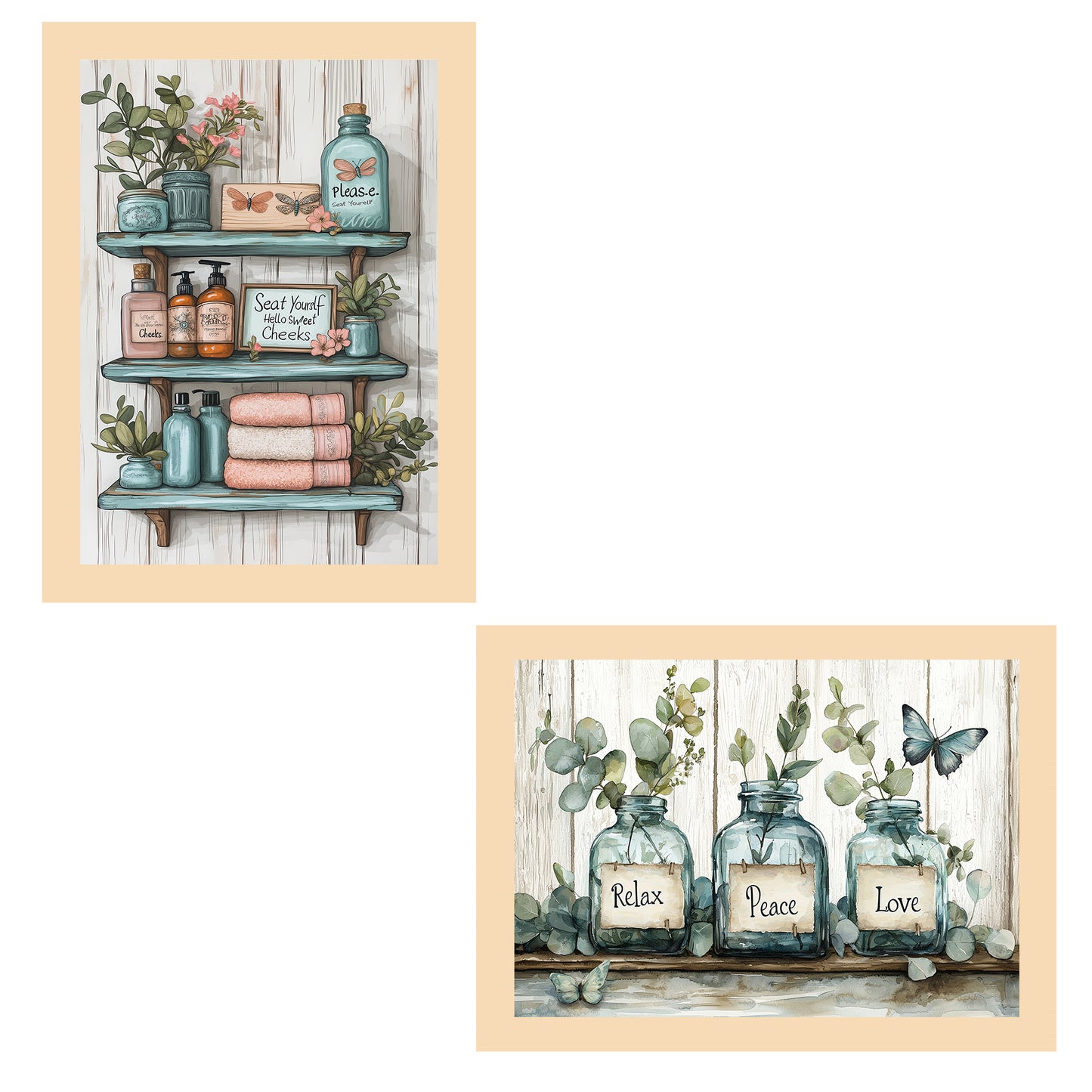 Set de 2 Cuadros de Inodoro con Encanto Impresión Ilustración de Vibraciones Positivas en Estilo Acuarela para Decorar las Paredes del Baño, Ducha, Lavabo, WC