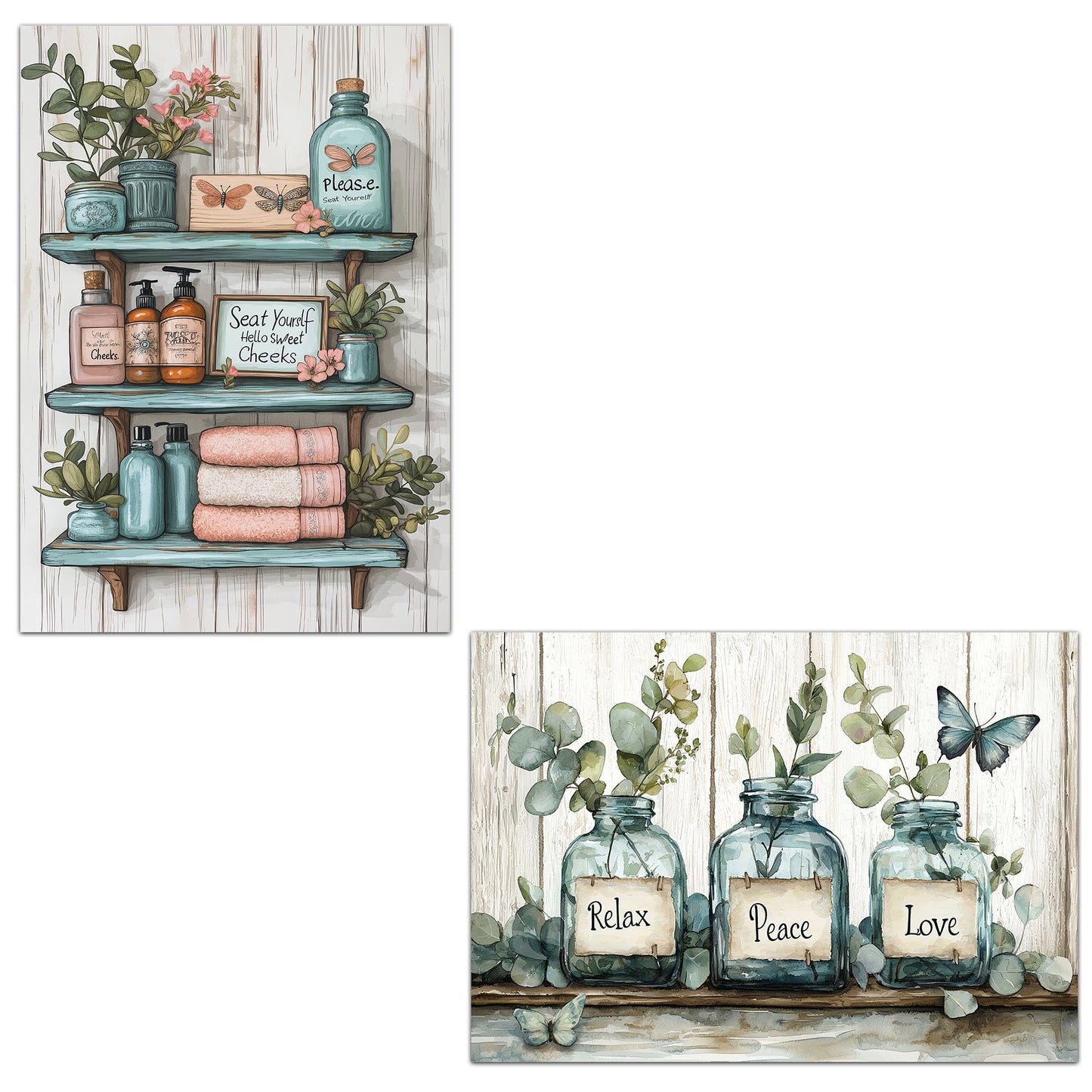 Set de 2 Cuadros de Inodoro con Encanto Impresión Ilustración de Vibraciones Positivas en Estilo Acuarela para Decorar las Paredes del Baño, Ducha, Lavabo, WC