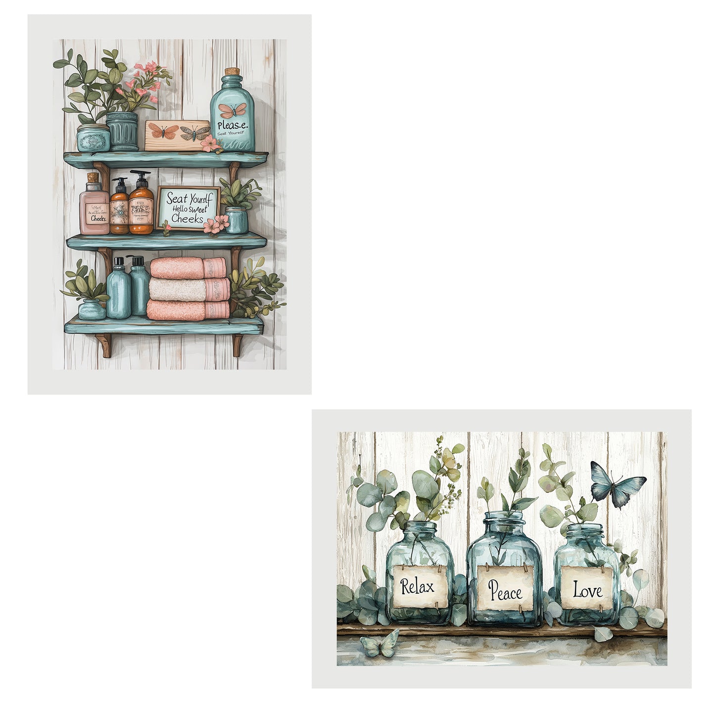 Set de 2 Cuadros de Inodoro con Encanto Impresión Ilustración de Vibraciones Positivas en Estilo Acuarela para Decorar las Paredes del Baño, Ducha, Lavabo, WC