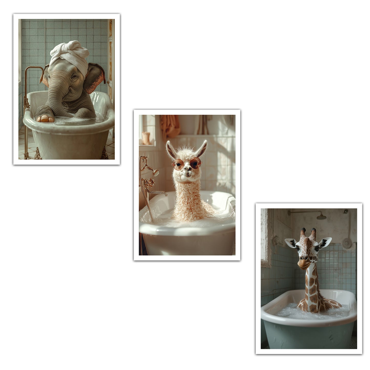 Set de 3 Cuadros Divertidos Animales en la Bañera, Simpático Elefante, Jirafa, Llama Póster con ilustración impresa en estilo fotográfico para decorar las paredes del Inodoro, Ducha, Cuarto de baño, WC