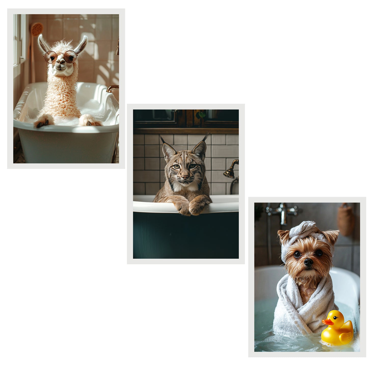 Set de 3 Cuadros de Animales Salvajes en la Bañera, Llama, Perro, Gato Lince Ilustración impresa en estilo fotográfico para decorar las paredes del WC, Ducha, Cuarto de baño, WC