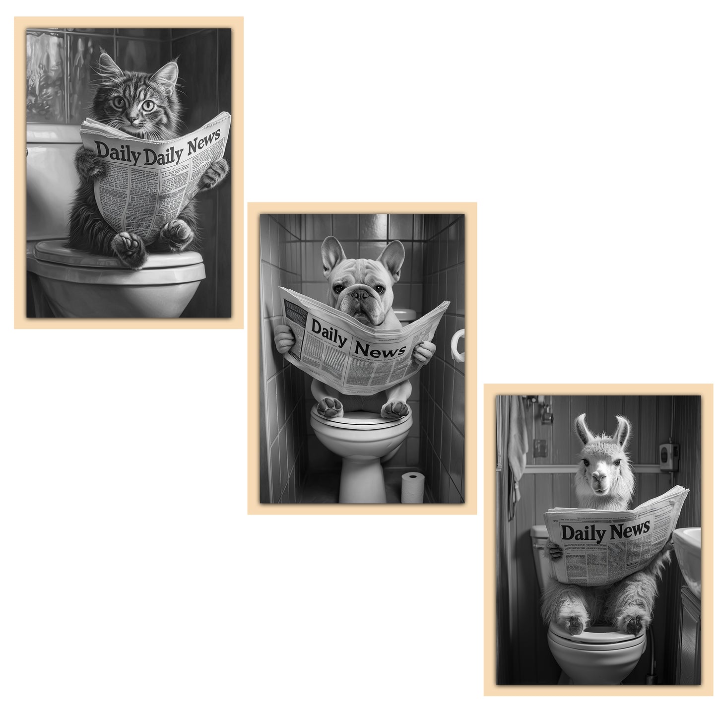 Set de 3 Cuadros Animales Leyendo Periódico En El Inodoro, Gato, Perro, Llama, Póster en Blanco y Negro con Ilustración Impresa en Estilo B/N para Decorar las Paredes del Inodoro, Baño, Lavabo, WC