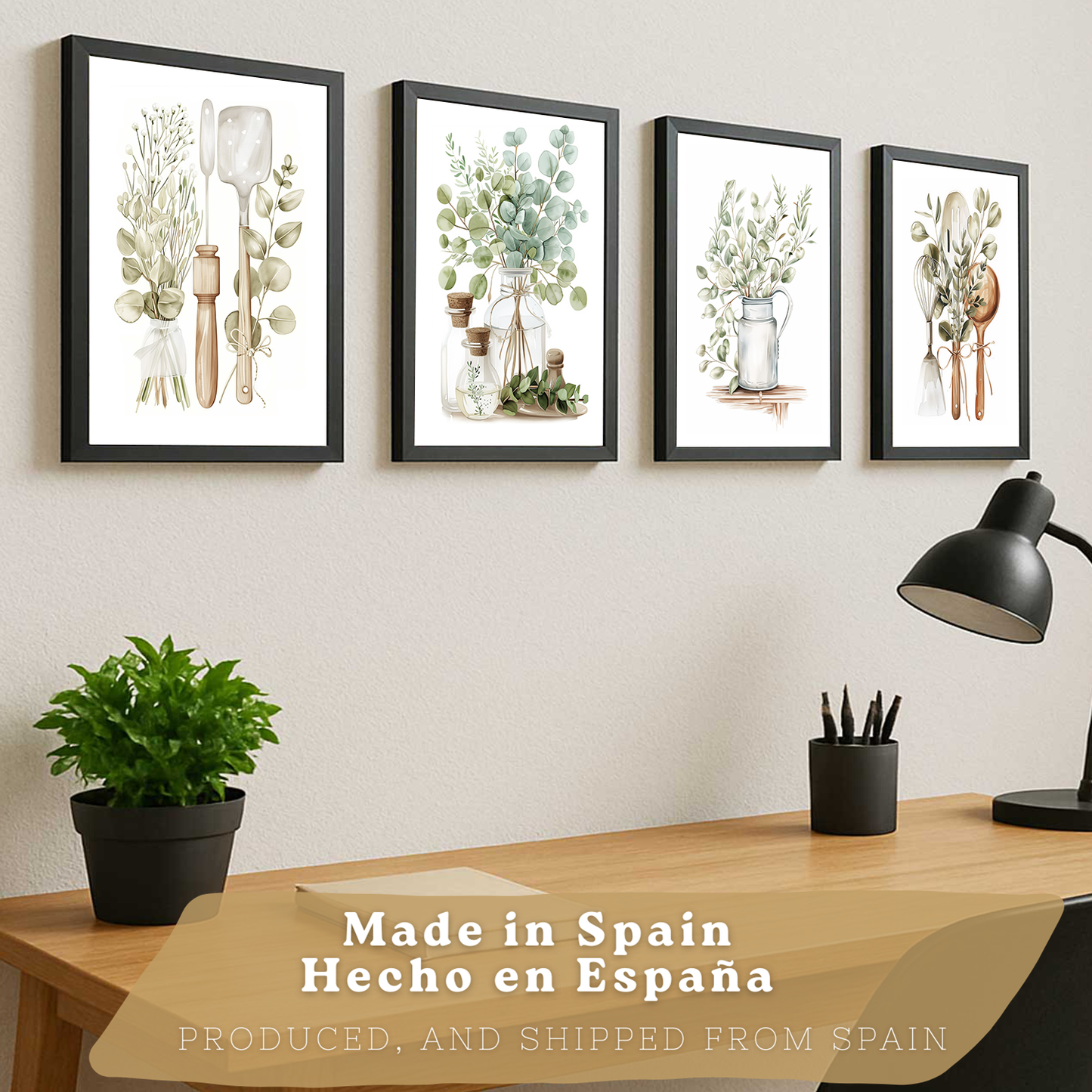 Nacnic Juego De 4 Lámnas Decorativas Pared Cocina Botanica.Estilo Rural Bohemico. Cocina Rustica. Plantas Verdes, Laminas Decorativas Pared Para Salón Y Dormitorio