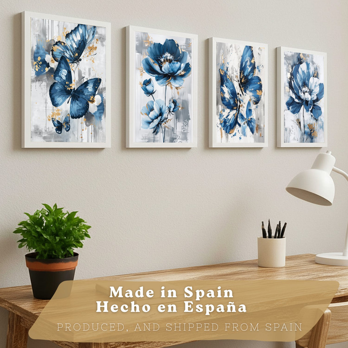 Set de 4 laminas decorativas Flores azules y mariposas Cuadros Salon modernos - Posters decorativos Azul Decoración Dormitorios.