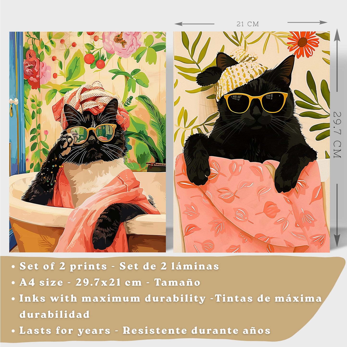 Set de 2 laminas decorativas Gatos Baño Spa Cuadros Salon modernos - Posters decorativos gatos negros Decoración Dormitorios Cocina Baño