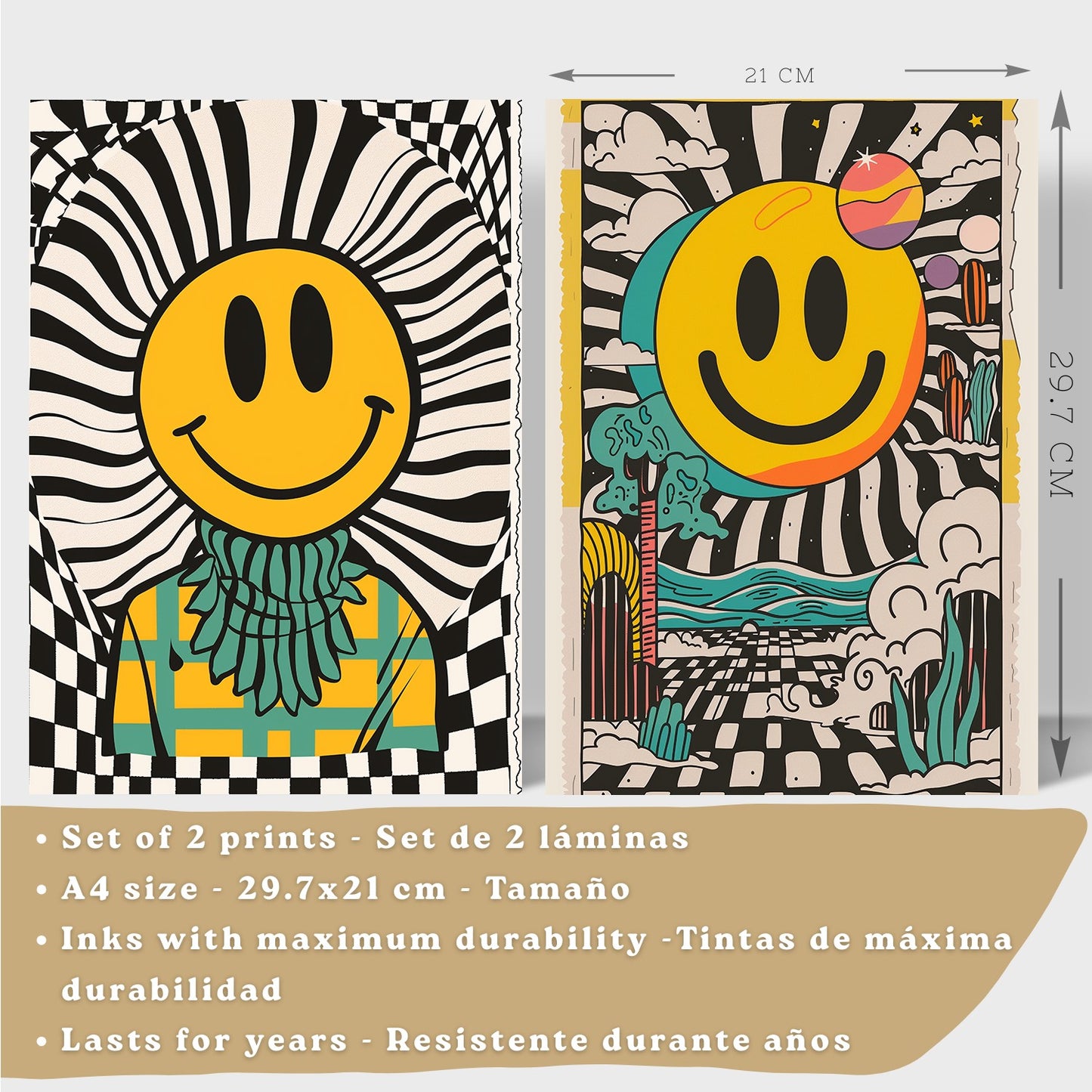 Set de 4 laminas decorativas Smiley Cuadros Salon modernos - Posters decorativos Emoji sonrisa Decoración Dormitorios Cocina Baño