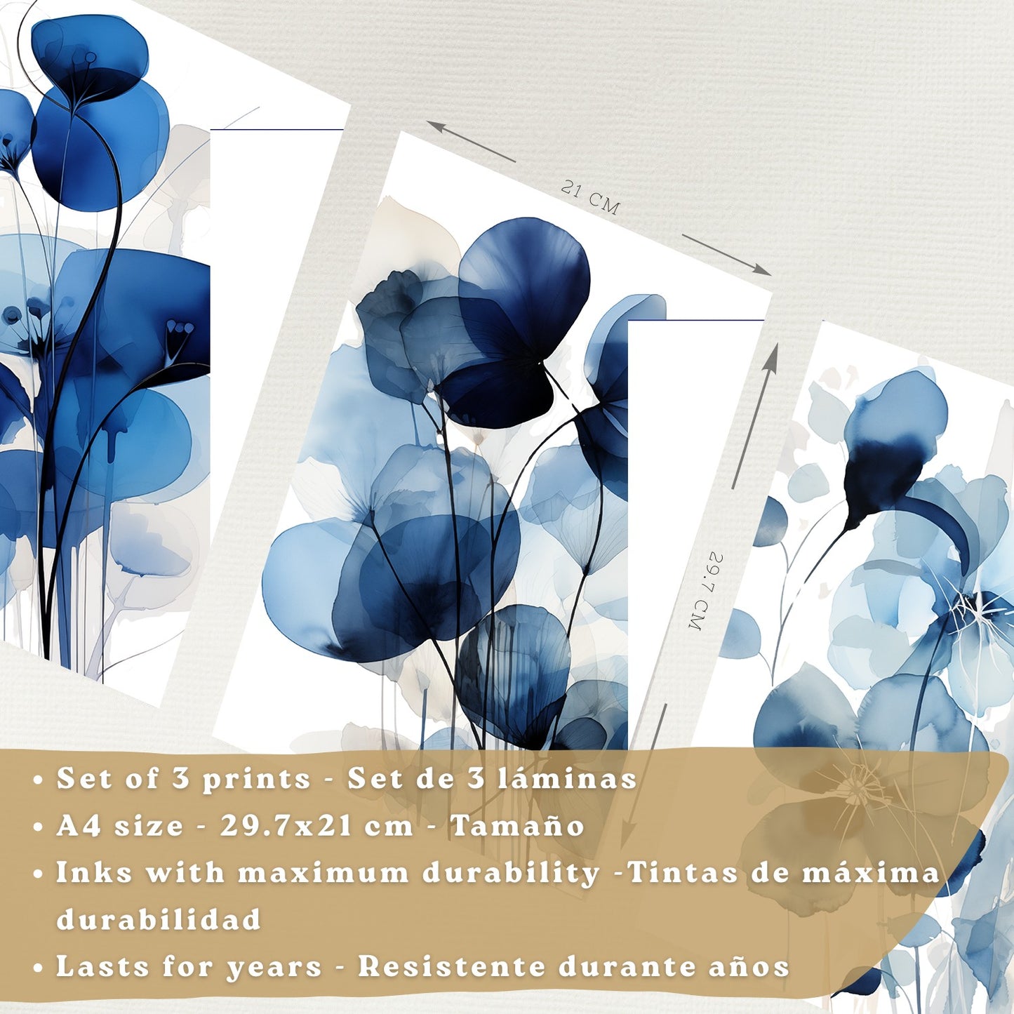 Juego de 3 laminas decorativas flores azules. Cuadros Salon modernos - Posters decorativos Botanico campestre. Decoración Dormitorios.