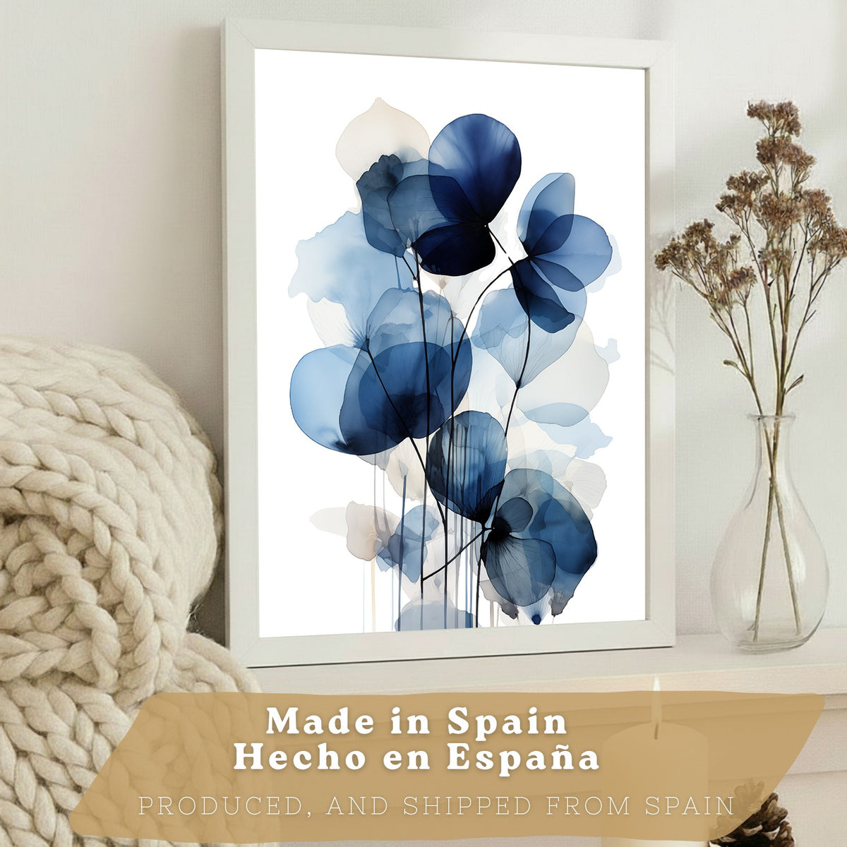 Juego de 3 laminas decorativas flores azules. Cuadros Salon modernos - Posters decorativos Botanico campestre. Decoración Dormitorios.