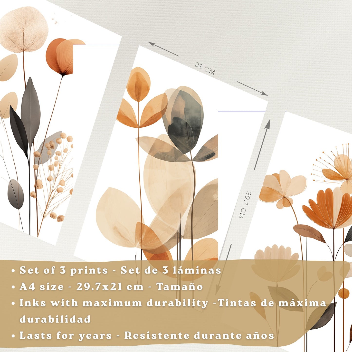 Set de 3 laminas decorativas Flores Naranjas Cuadros Salon modernos - Posters decorativos Tono naranja marron. Decoración Dormitorios.