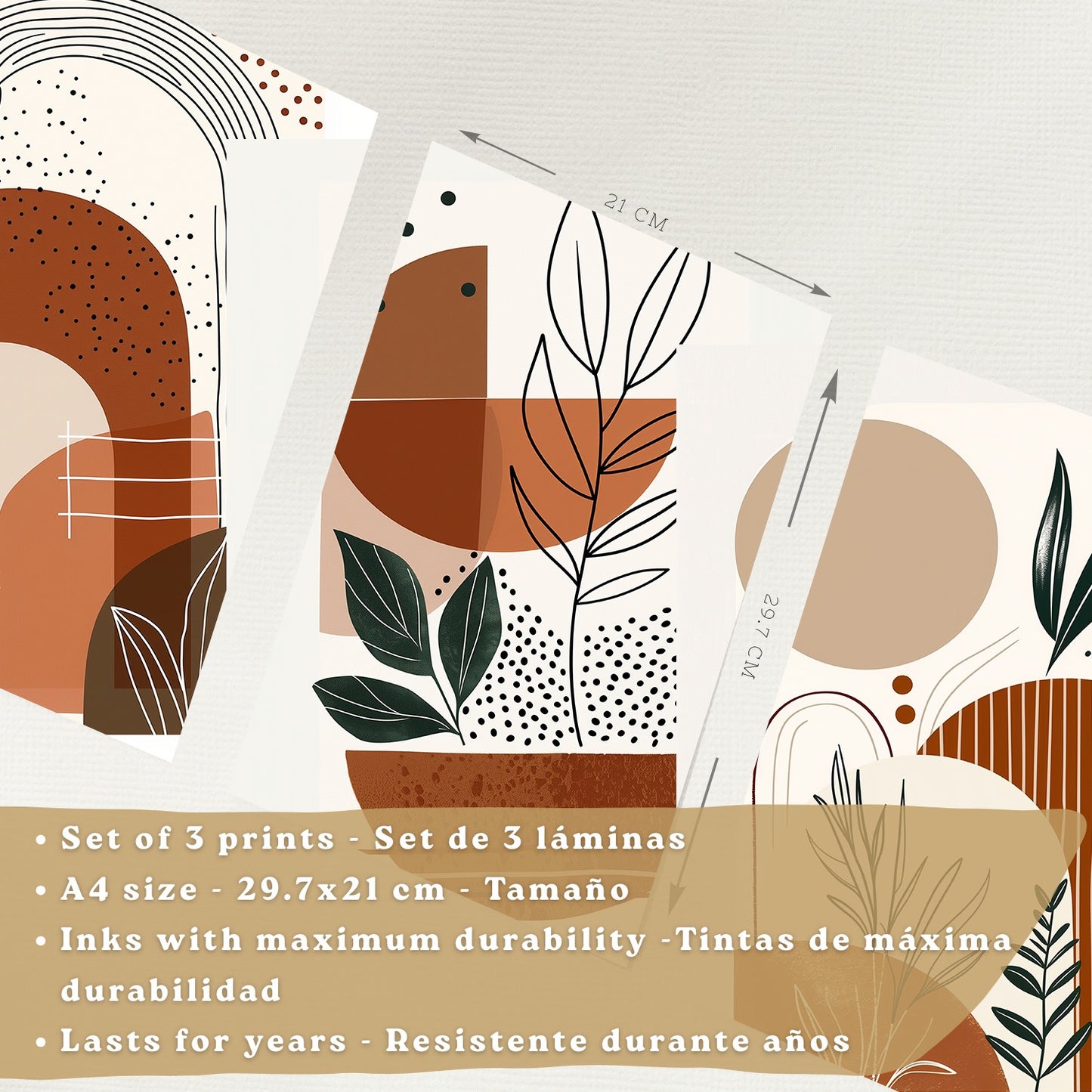 Set de 3 laminas decorativas Abstracto floral Cuadros Salon modernos - Posters decorativos plantas marrones. Decoración Dormitorios.