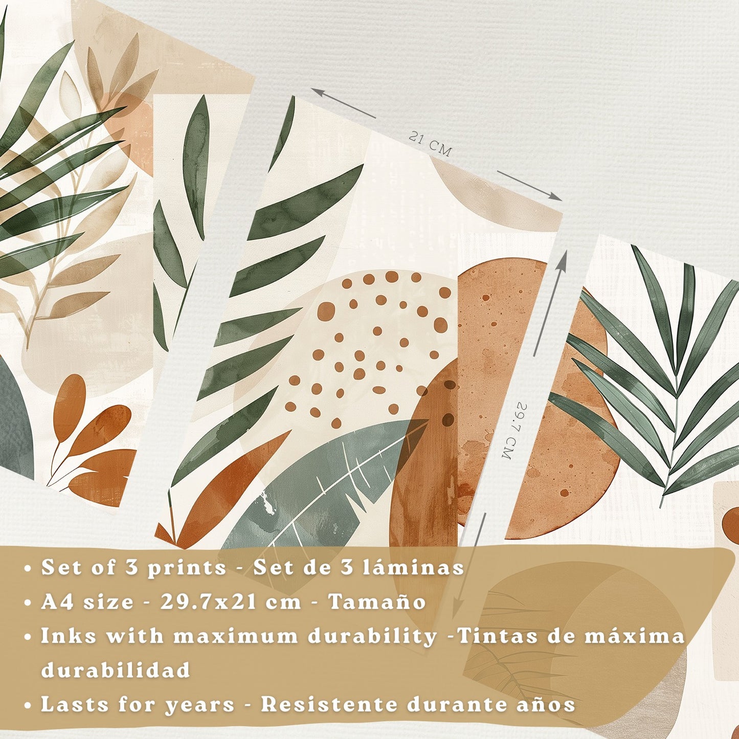 Set de 3 laminas decorativas Abstractas floral Cuadros Salon modernos - Posters decorativos plantas marrones. Decoración Dormitorios.