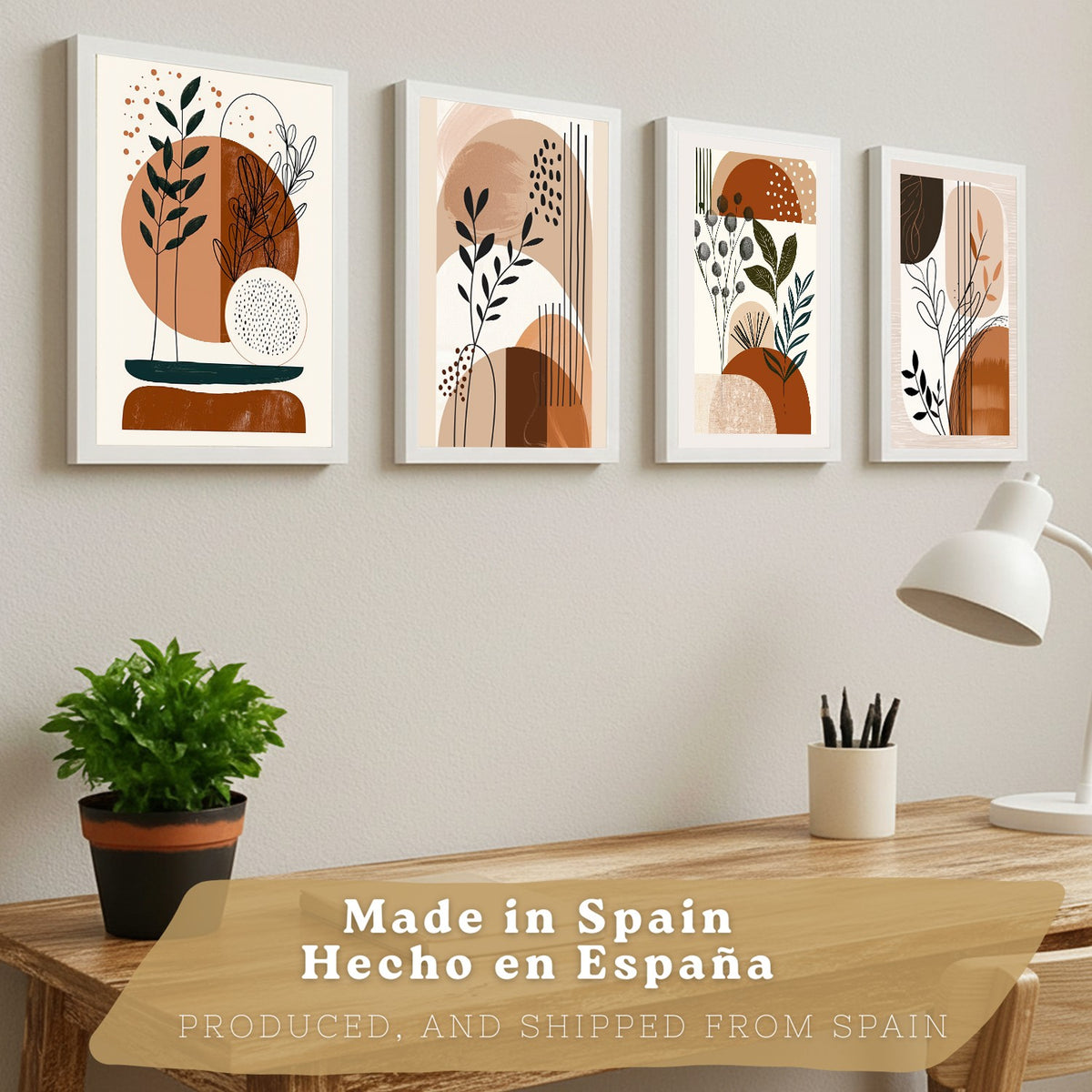 Set de 4 laminas decorativas Formas Abstractas Botanicas Cuadros Salon modernos - Posters decorativos Plantas marrones Decoración Dormitorios Cocina Baño