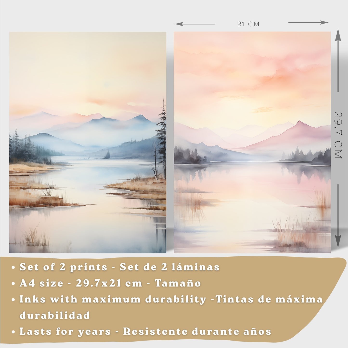 Set de 2 laminas decorativas paisaje atardecer. Cuadros Salon modernos - Posters decorativos Acuarela tonos pastel. Decoración Dormitorios.