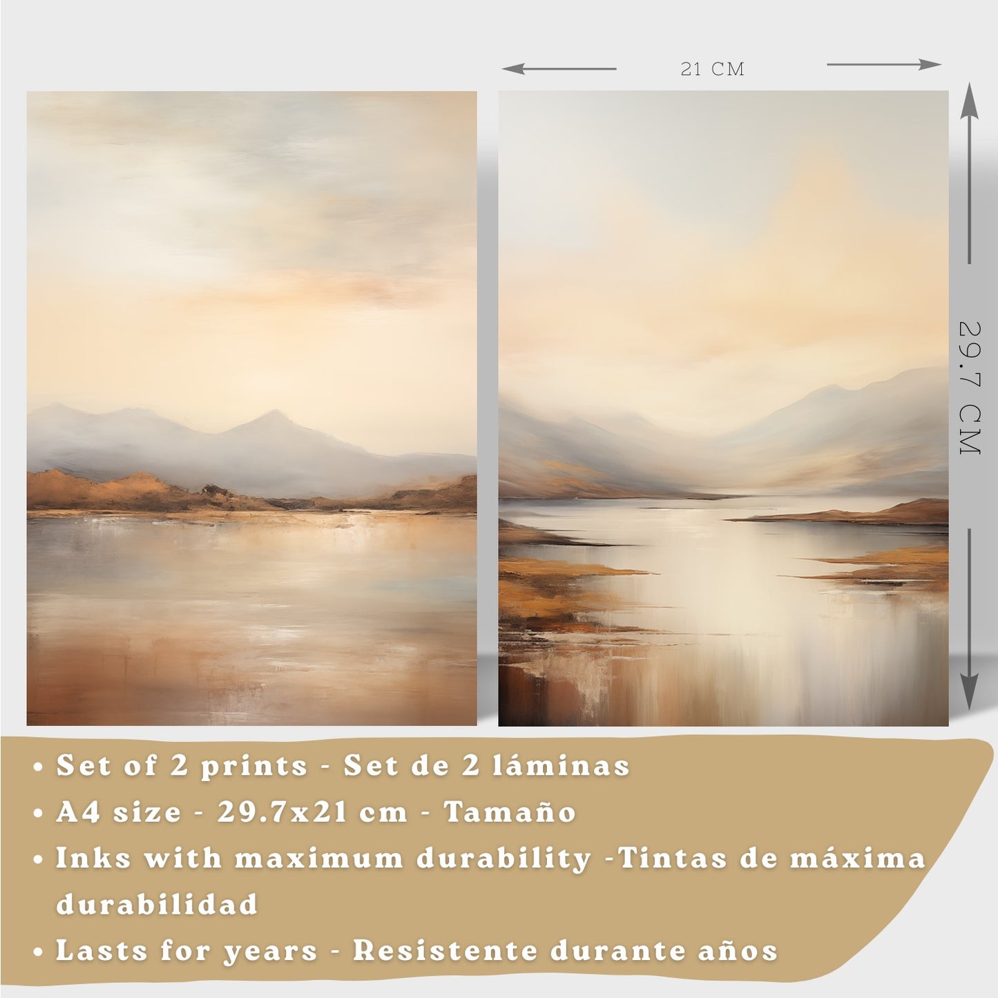 Set de 2 laminas decorativas paisaje amanecer. Cuadros Salon modernos - Posters decorativos Acuarela tonos marrones. Decoración Dormitorios.