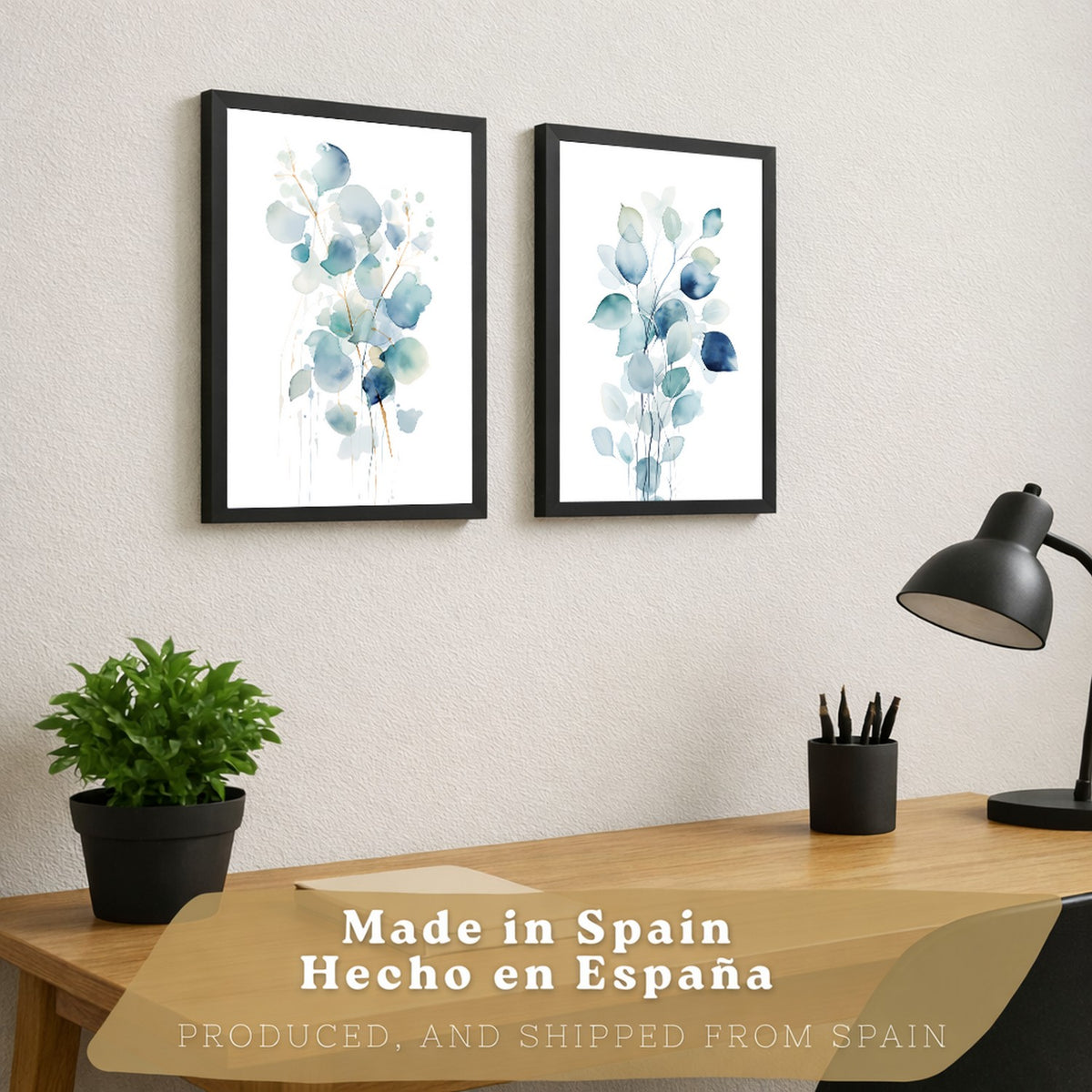Juego de 2 laminas decorativas flores azules acuarela. Cuadros Salon modernos - Posters decorativos Botanico campestre. Decoración Dormitorios.