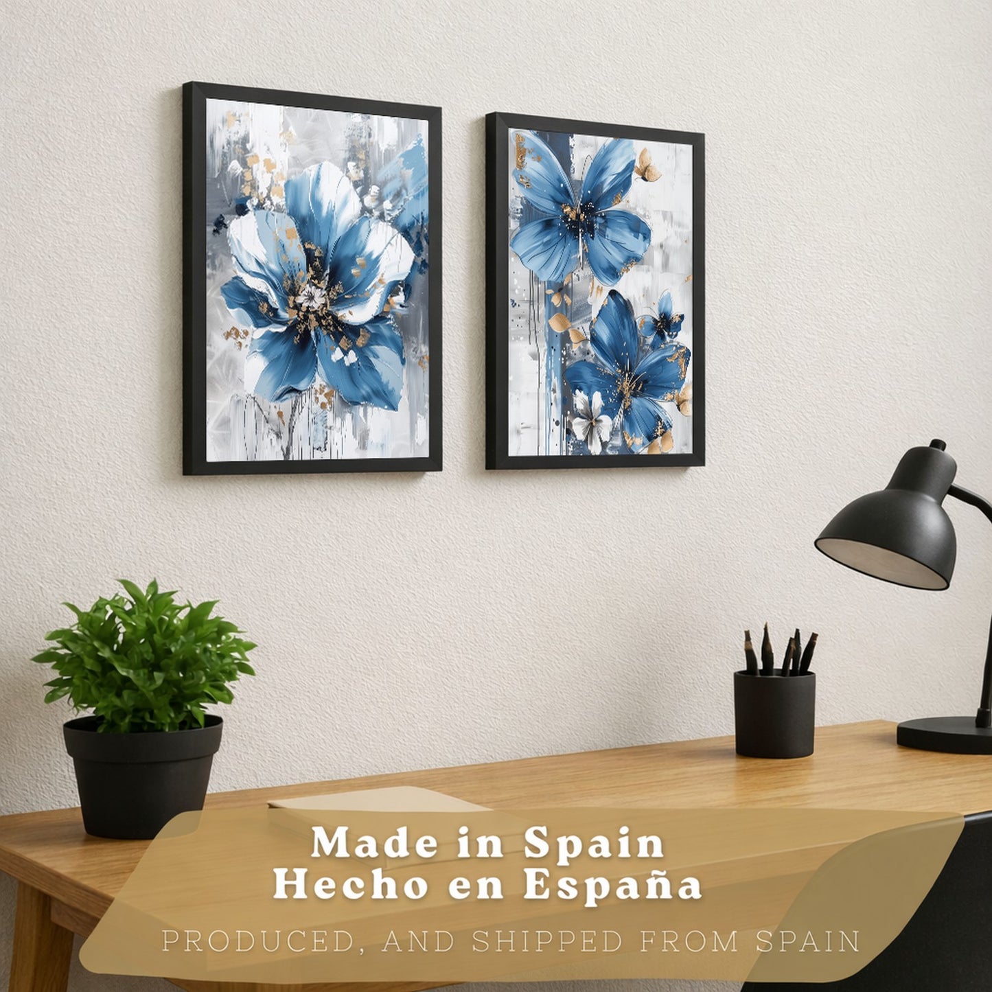 Set de 2 laminas decorativas flores azules y marrones. Cuadros Salon modernos - Posters decorativos Botanico campestre. Decoración Dormitorios.