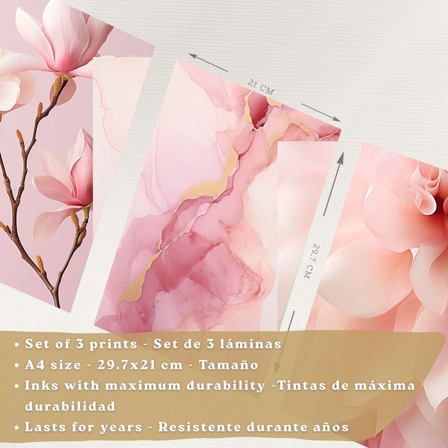 Set de 3 laminas decorativas pared flores rosas botanico Cuadros Salon modernos Orquidea marmol Posters decorativos rosas Decoración Dormitorios Sala de estar