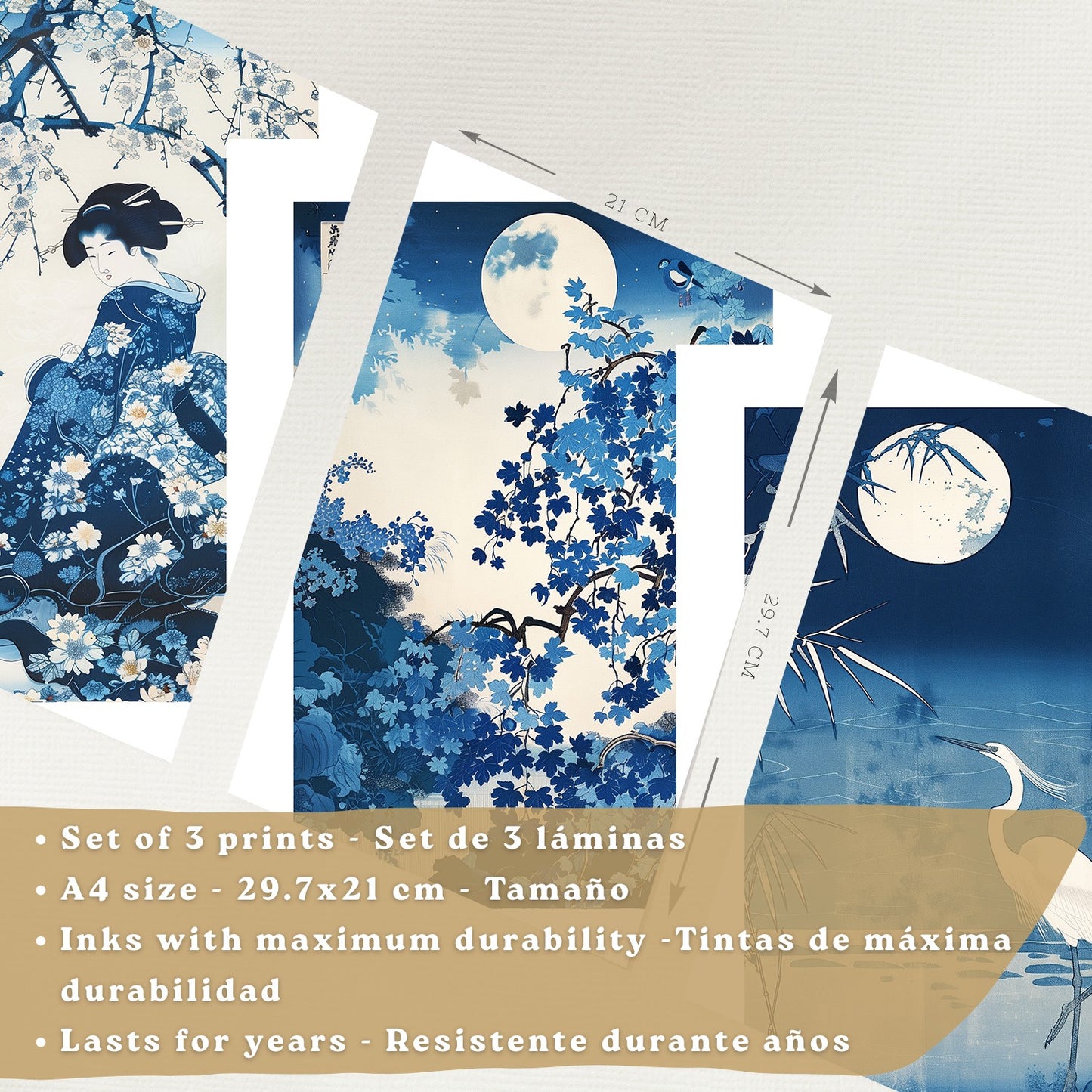 Set de 3 laminas decorativas pared estilo Japon. Cuadros Salon modernos - Posters decorativos azules orientales. Arte japones. Decoración Dormitorios.