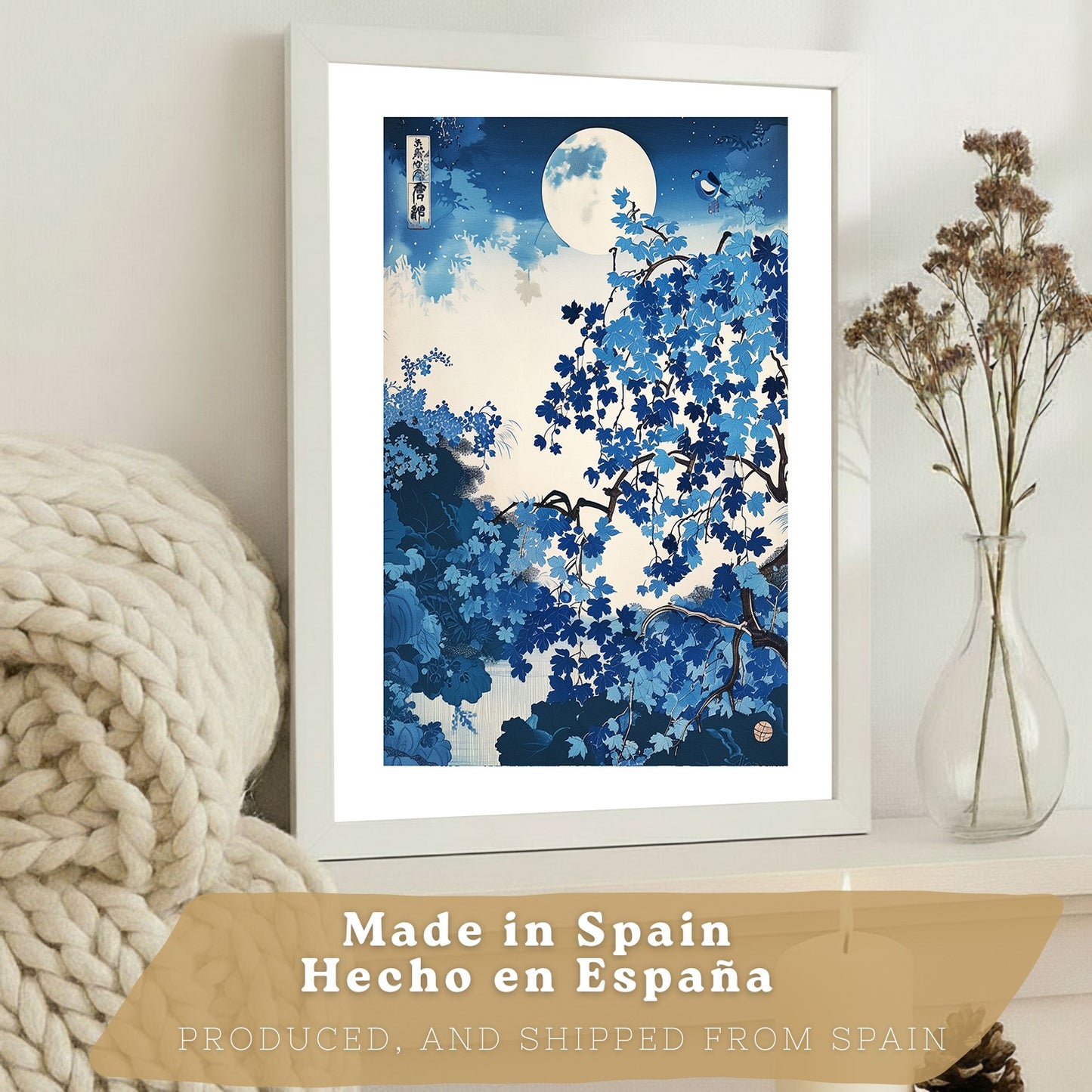 Set de 3 laminas decorativas pared estilo Japon. Cuadros Salon modernos - Posters decorativos azules orientales. Arte japones. Decoración Dormitorios.