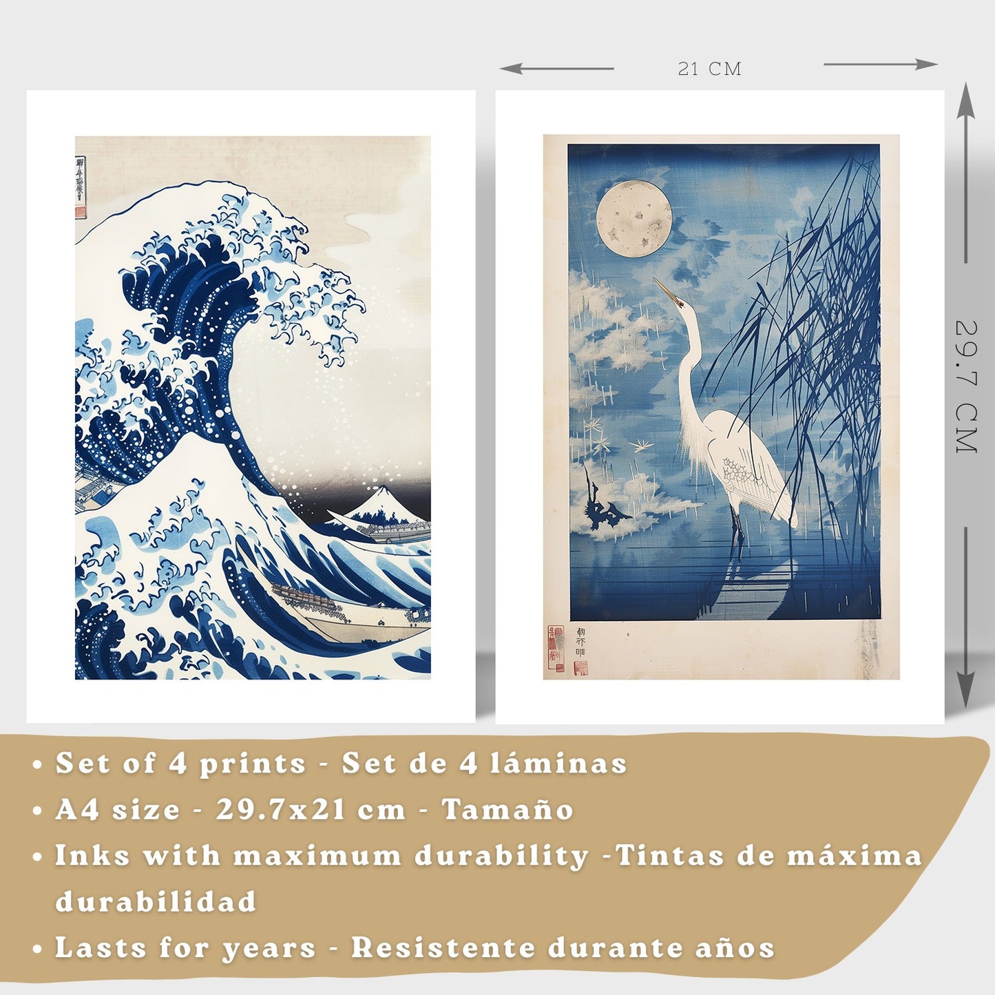 Juego de 4 laminas decorativas pared estilo Japon. Cuadros Salon modernos - Posters decorativos azules orientales. Arte japones. Decoración Dormitorios.