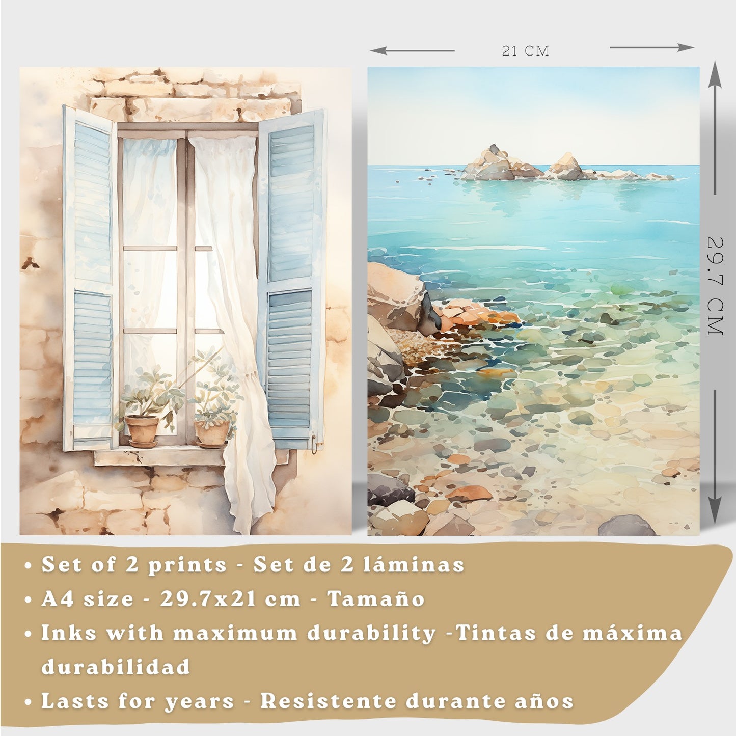 Set de 2 laminas decorativas pared Mar, relax Salon modernos - Posters, cuadros decorativos azules. Mediterraneo. Decoración Dormitorios.