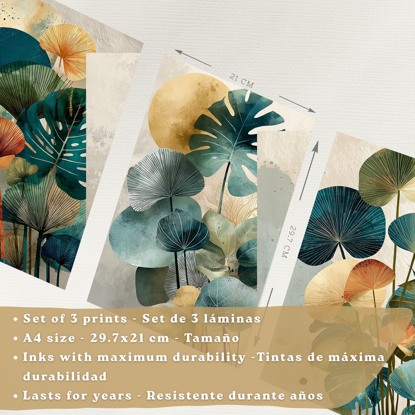 Set de 3 laminas decorativas Hojas, plantas. Florales Cuadros Salon modernos - Posters decorativos Botanico verde naranja. Decoración Dormitorios.