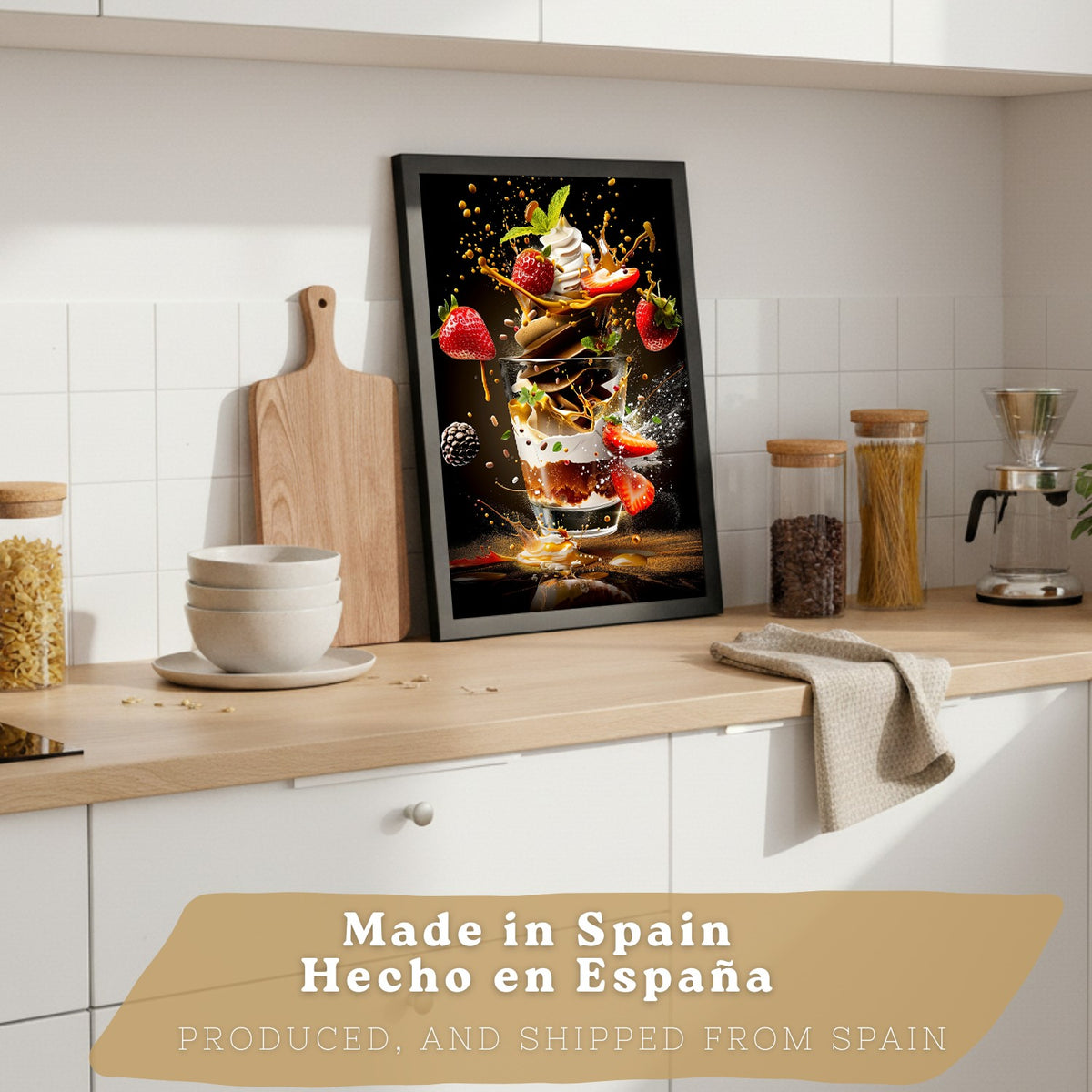 Set de 2 Láminas Cocina Fondo Negro Cuadros Pared Postre Fresas y Ensalada Estilo Splash Póster Decoración Comedor
