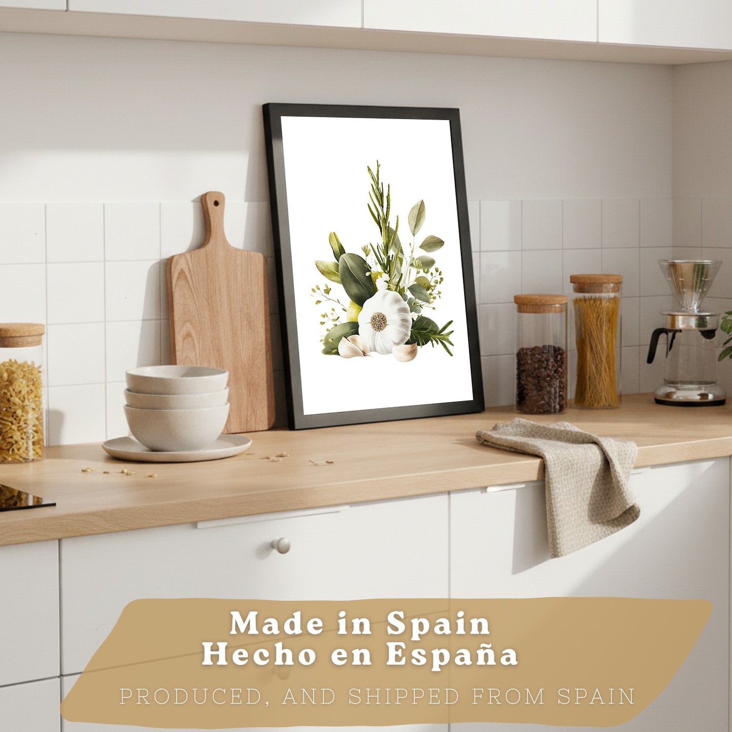 Set de 2 Láminas Cocina Mediterránea Cuadros Pared Ajo Hierbas y Aceitunas Acuarela Botánica Póster Decoración Comedor