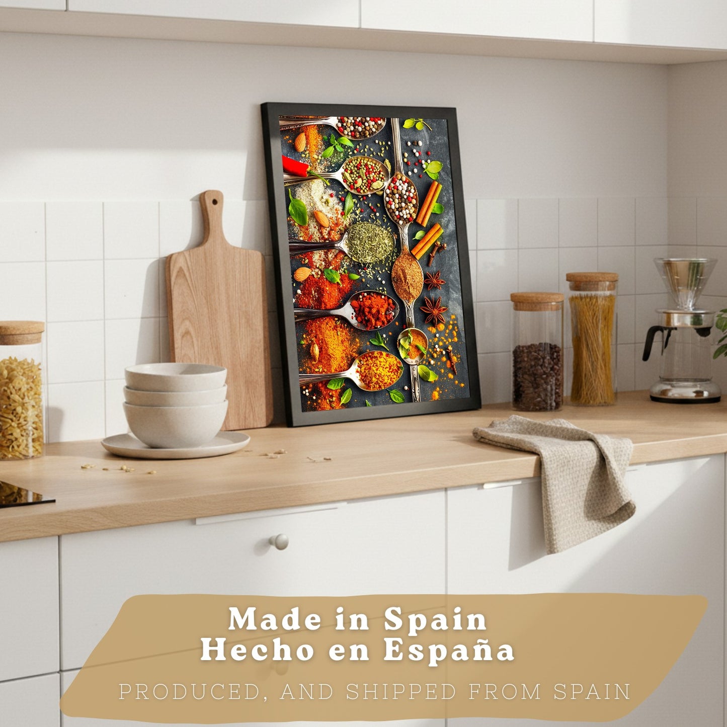 Set de 2 Láminas Cocina Gastronómica Cuadros Pared Hierbas y Especias en Cucharas Póster Decoración Comedor
