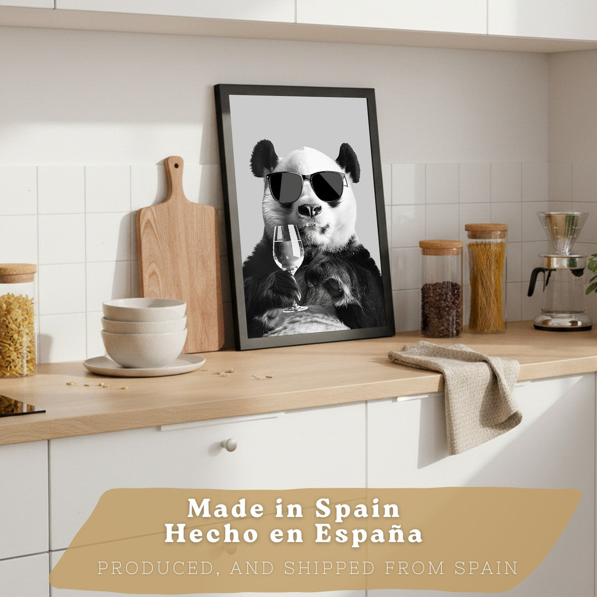 Set de 2 Láminas Panda Divertido Blanco y Negro Cuadros Cocina Animal Copa Vino y Taza Café Póster Decoración Pared