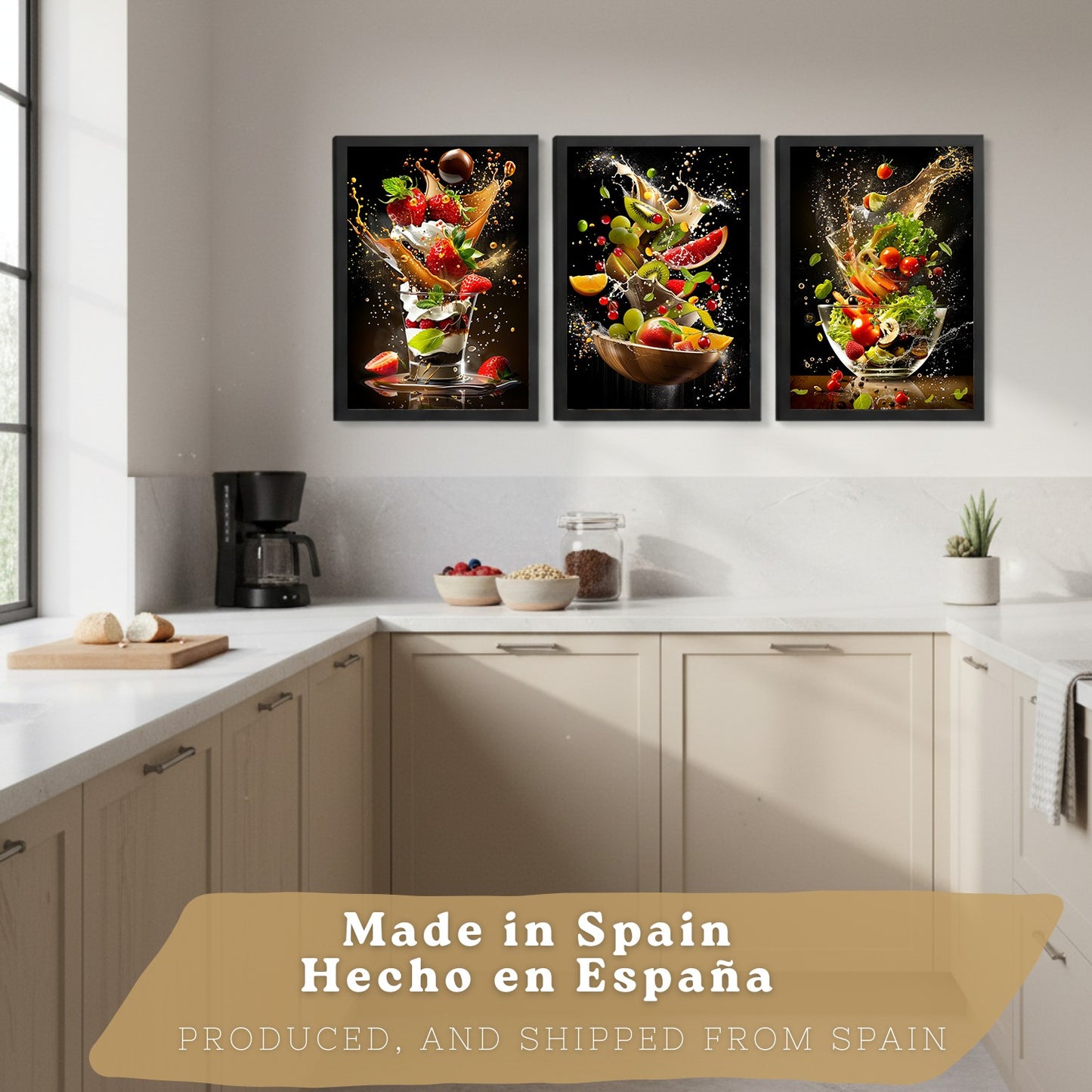 Set de 3 Láminas Cocina Fondo Negro Cuadros Pared Postre Ensalada y Frutas Estilo Splash Dinámico Póster Decoración Comedor