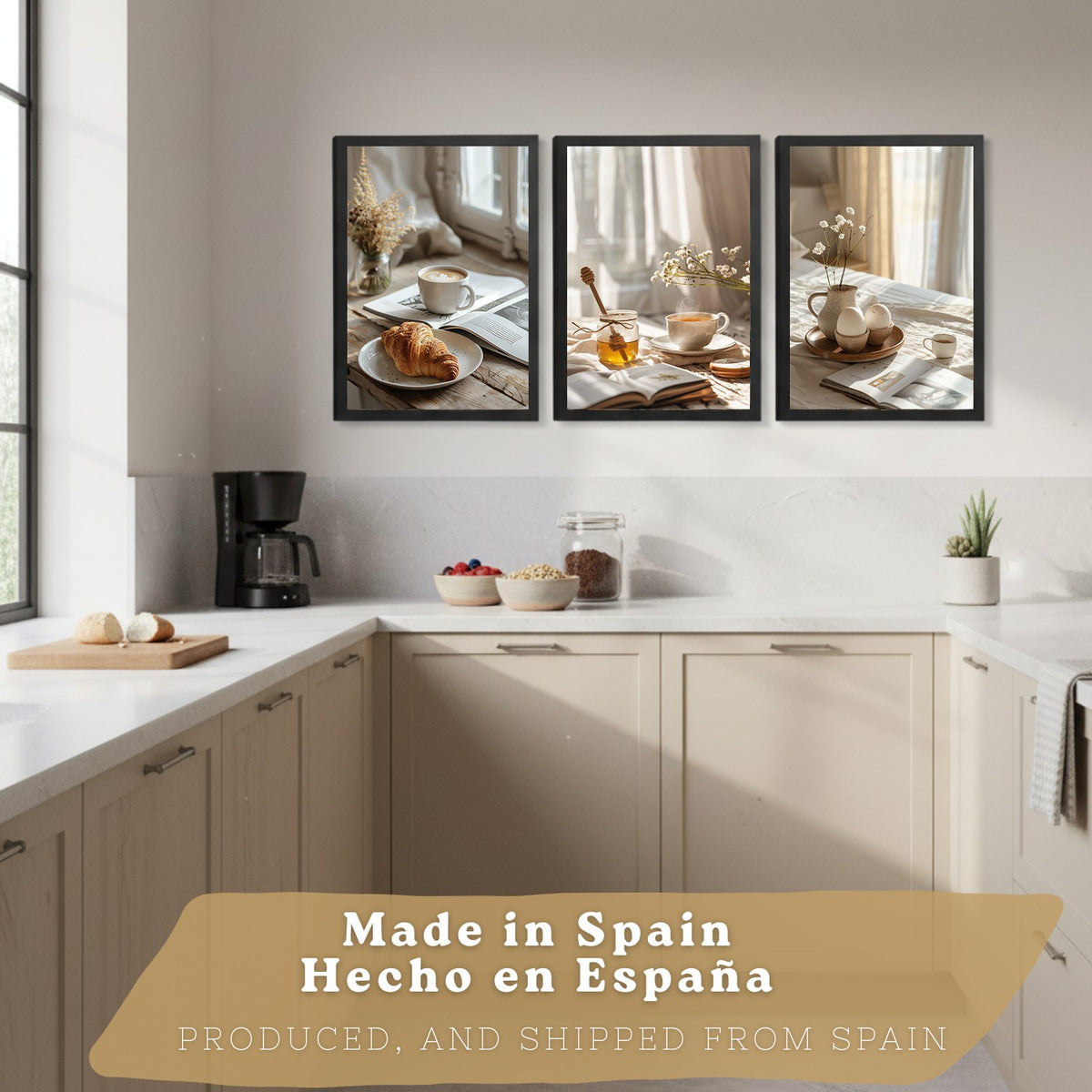 Set de 3 Láminas Café y Desayuno Acogedor Cuadros Cocina Croissant Miel y Té Estilo Nórdico Póster Decoración Pared