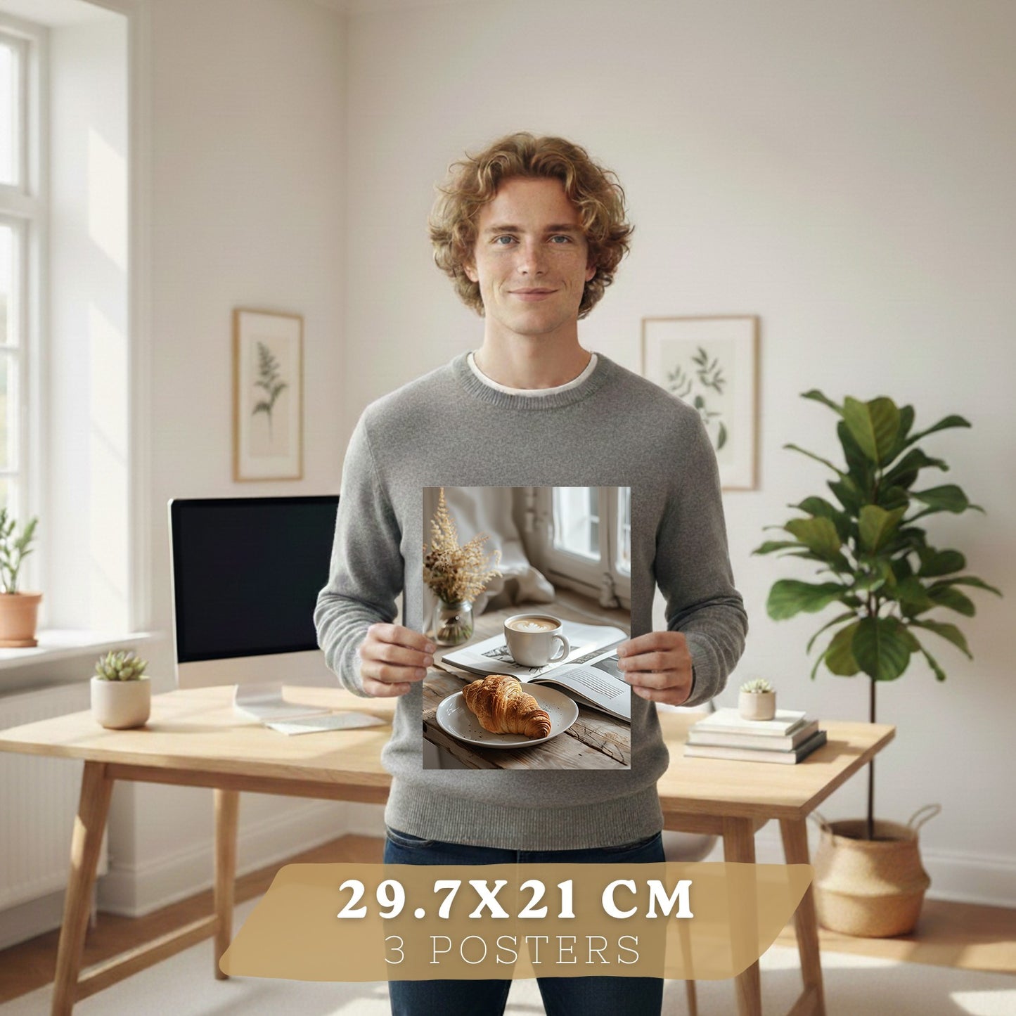 Set de 3 Láminas Café y Desayuno Acogedor Cuadros Cocina Croissant Miel y Té Estilo Nórdico Póster Decoración Pared