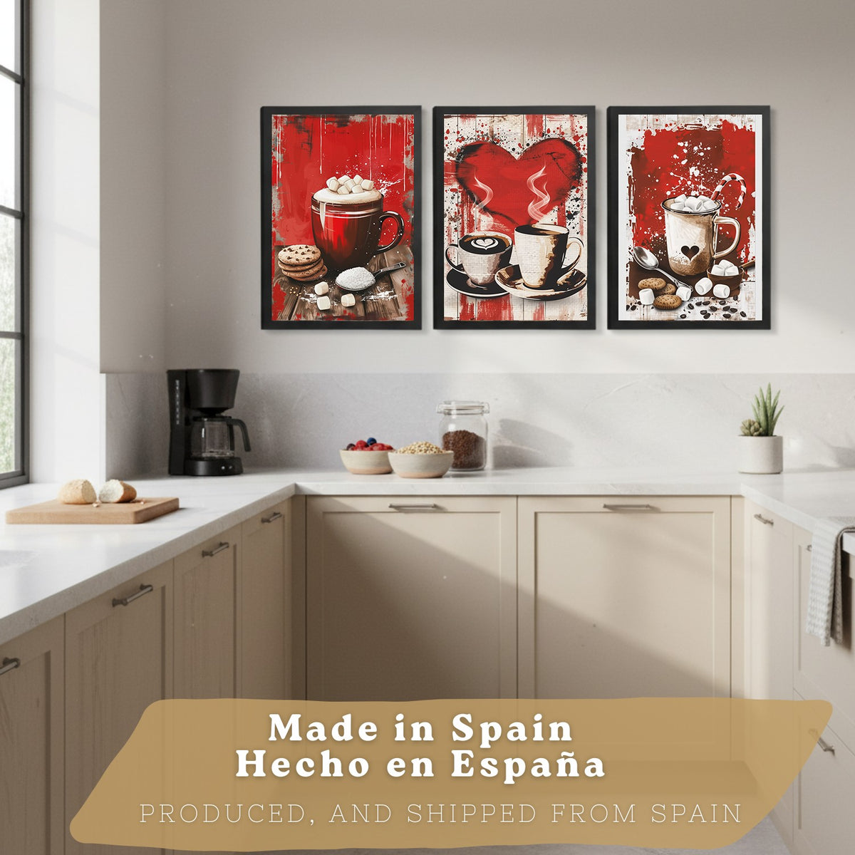 Set de 3 Láminas Chocolate y Café Pop Art Cuadros Cocina Tazas Marshmallows Tonos Rojos Póster Decoración Pared Comedor